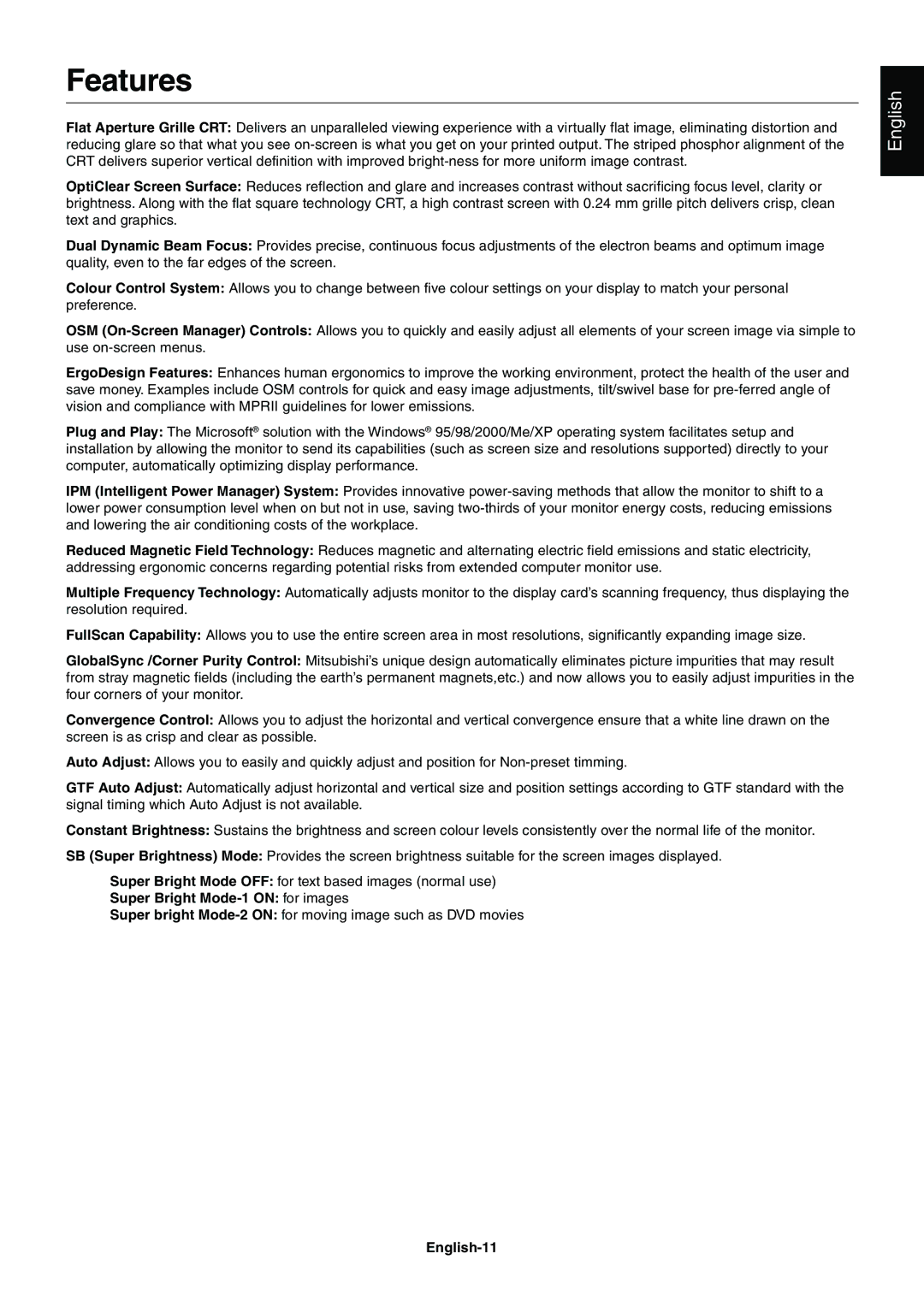 Mitsubishi Electronics 230SB user manual Features, English-11 