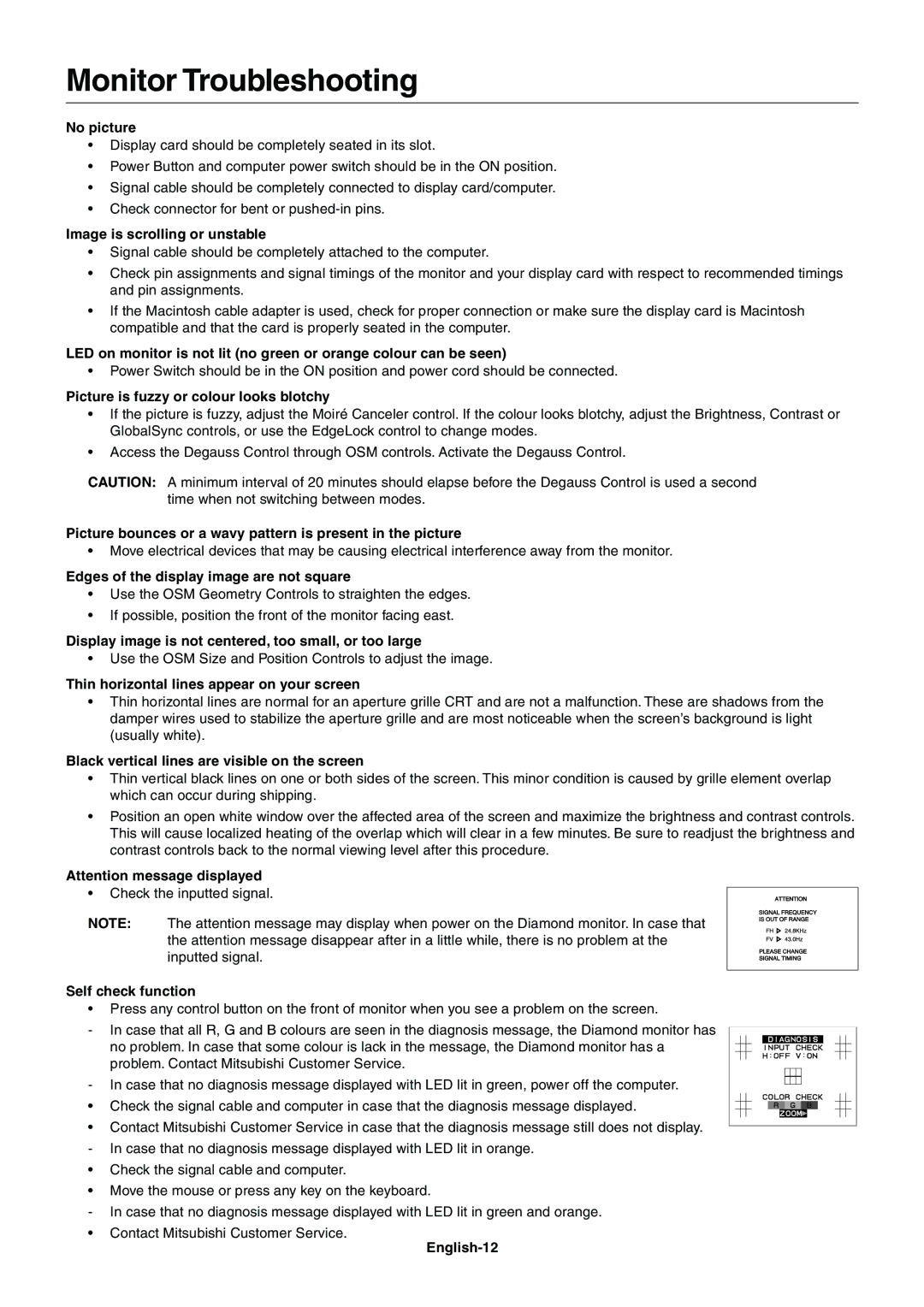 Mitsubishi Electronics 230SB user manual Monitor Troubleshooting 