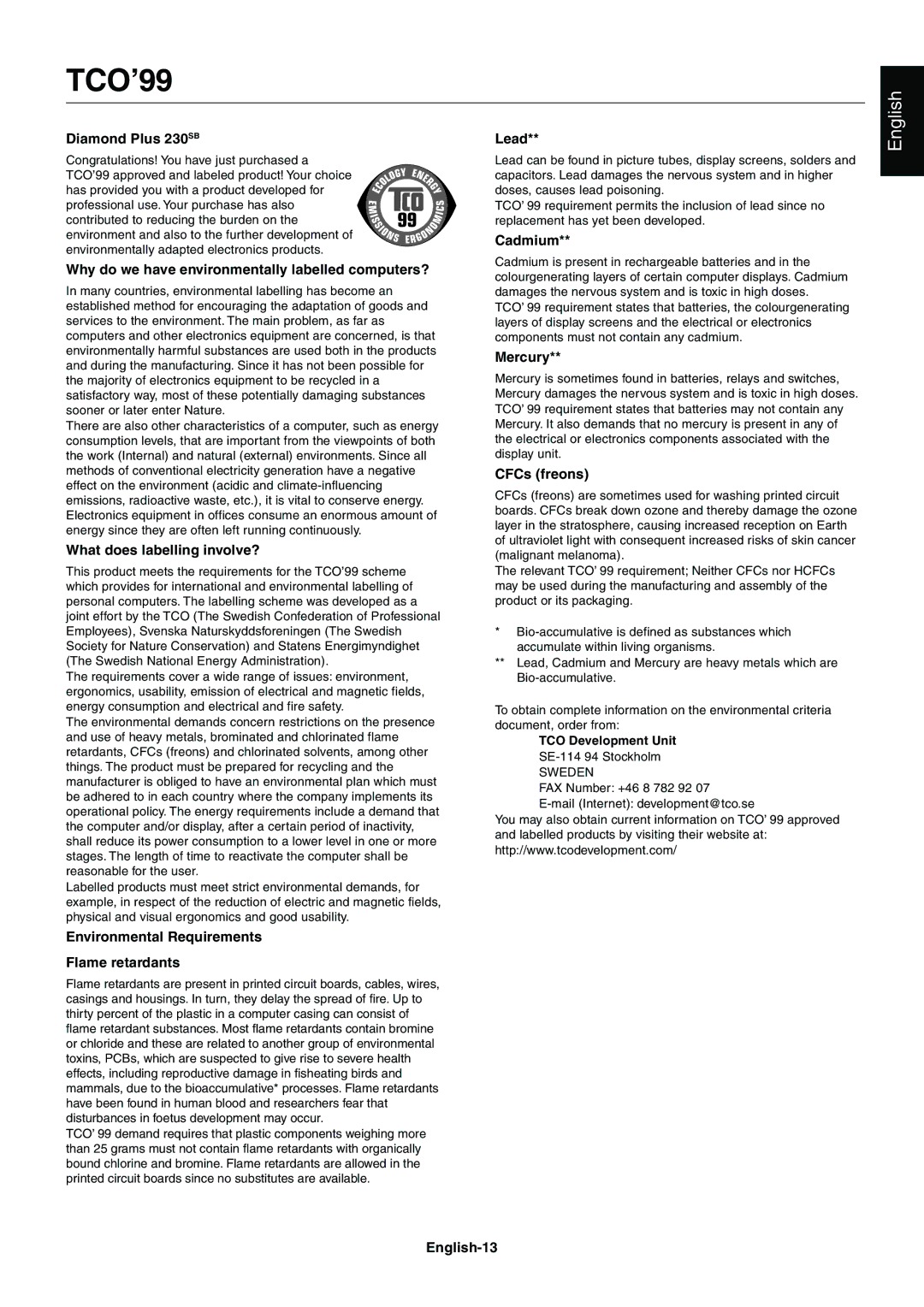 Mitsubishi Electronics 230SB user manual TCO’99 