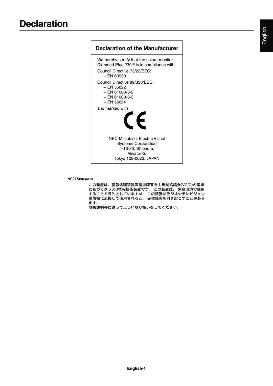 Mitsubishi Electronics 230SB user manual Declaration, English-1 