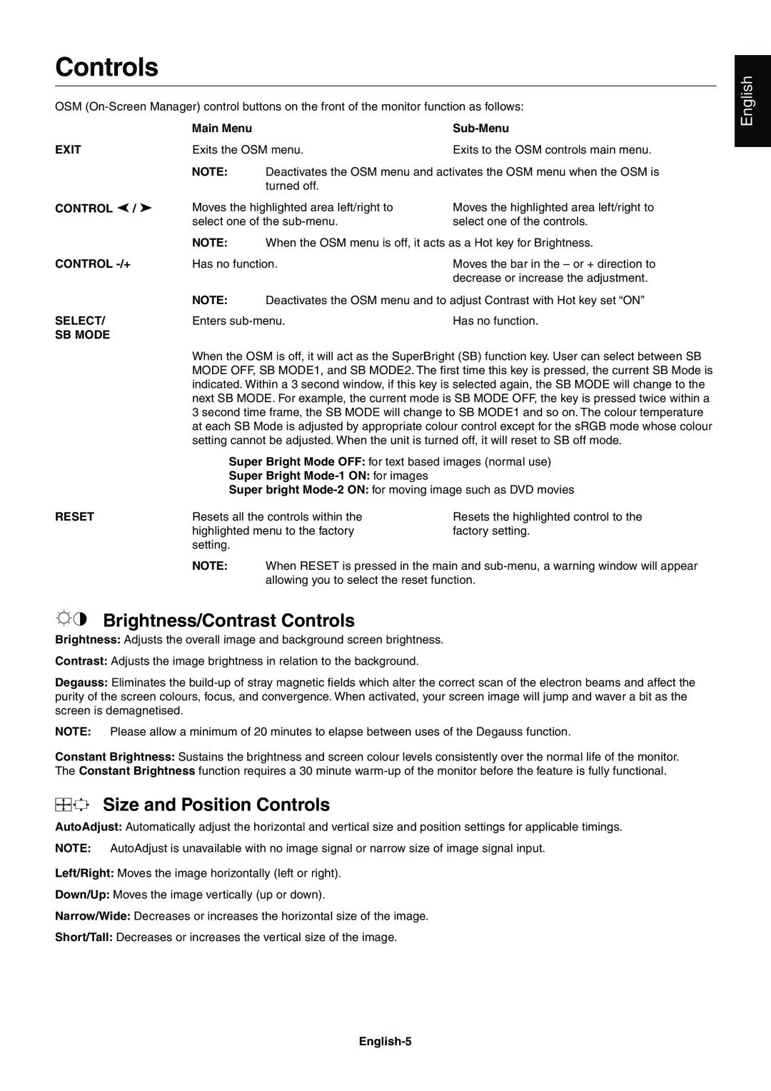 Mitsubishi Electronics 230SB user manual Brightness/Contrast Controls, Size and Position Controls 