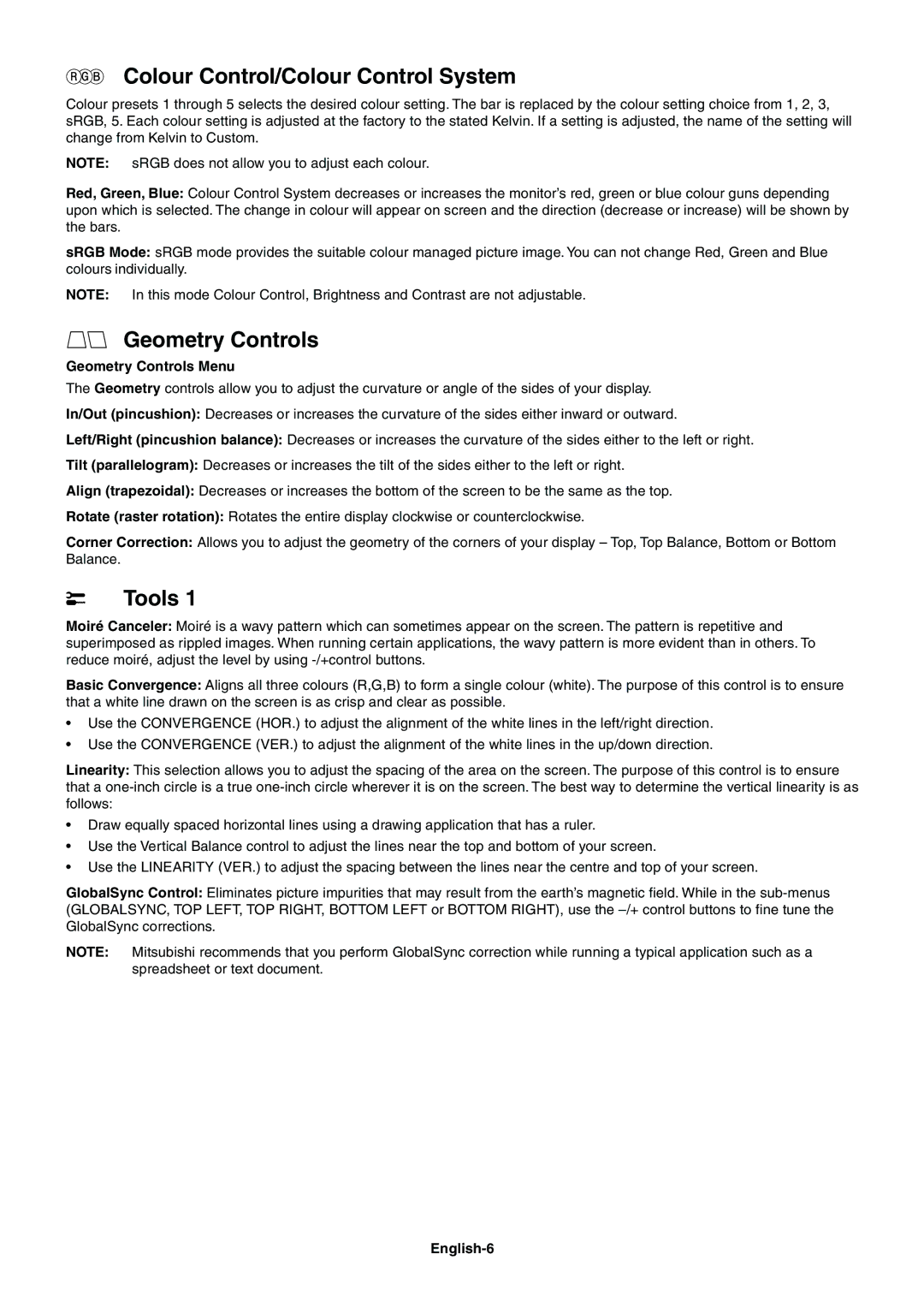 Mitsubishi Electronics 230SB user manual Colour Control/Colour Control System, Tools, Geometry Controls Menu, English-6 