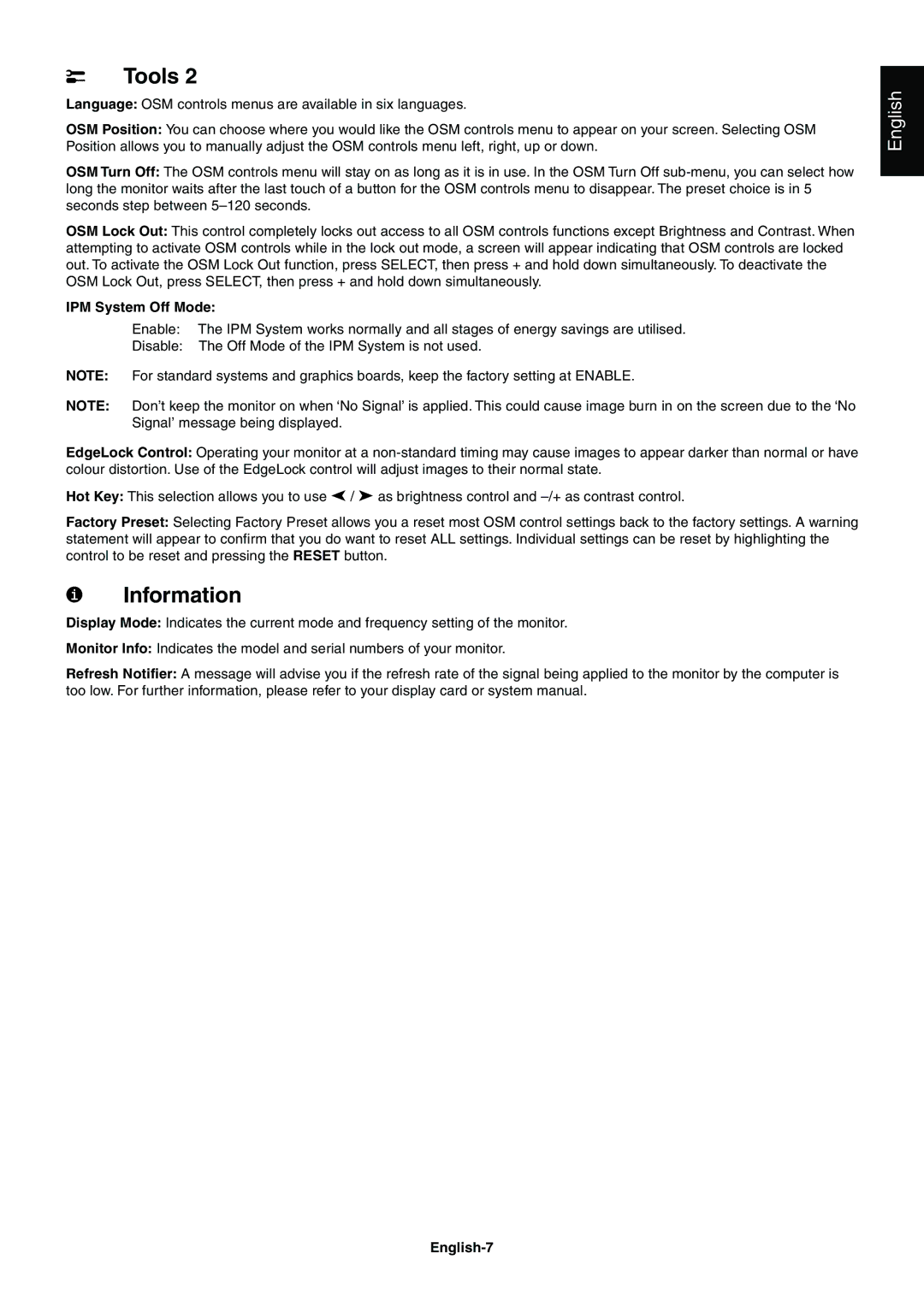 Mitsubishi Electronics 230SB user manual Information, IPM System Off Mode, English-7 