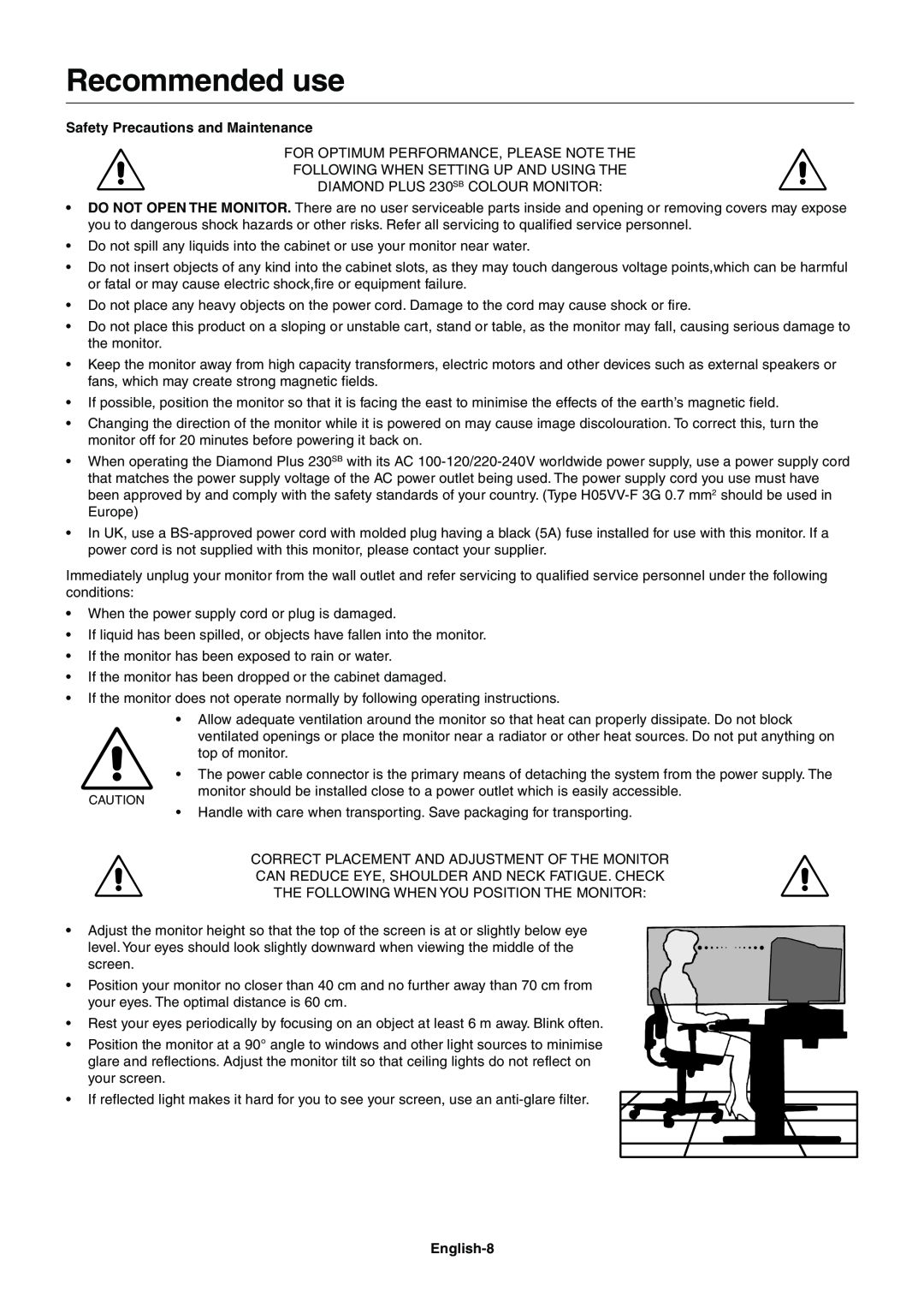 Mitsubishi Electronics 230SB user manual Recommended use, Safety Precautions and Maintenance, English-8 