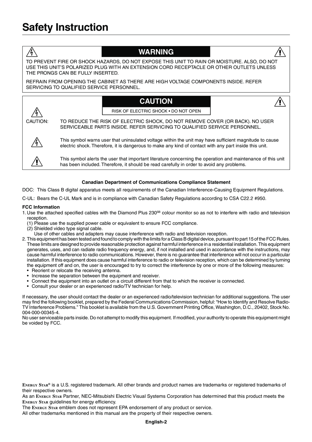 Mitsubishi Electronics 230SB Safety Instruction, Canadian Department of Communications Compliance Statement, English-2 