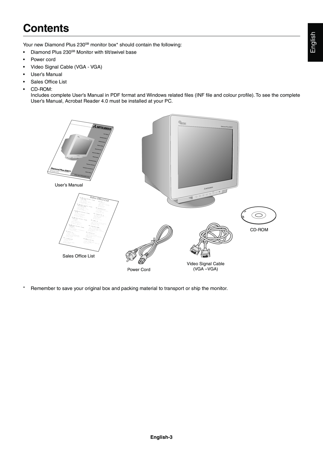 Mitsubishi Electronics 230SB user manual Contents, English-3 