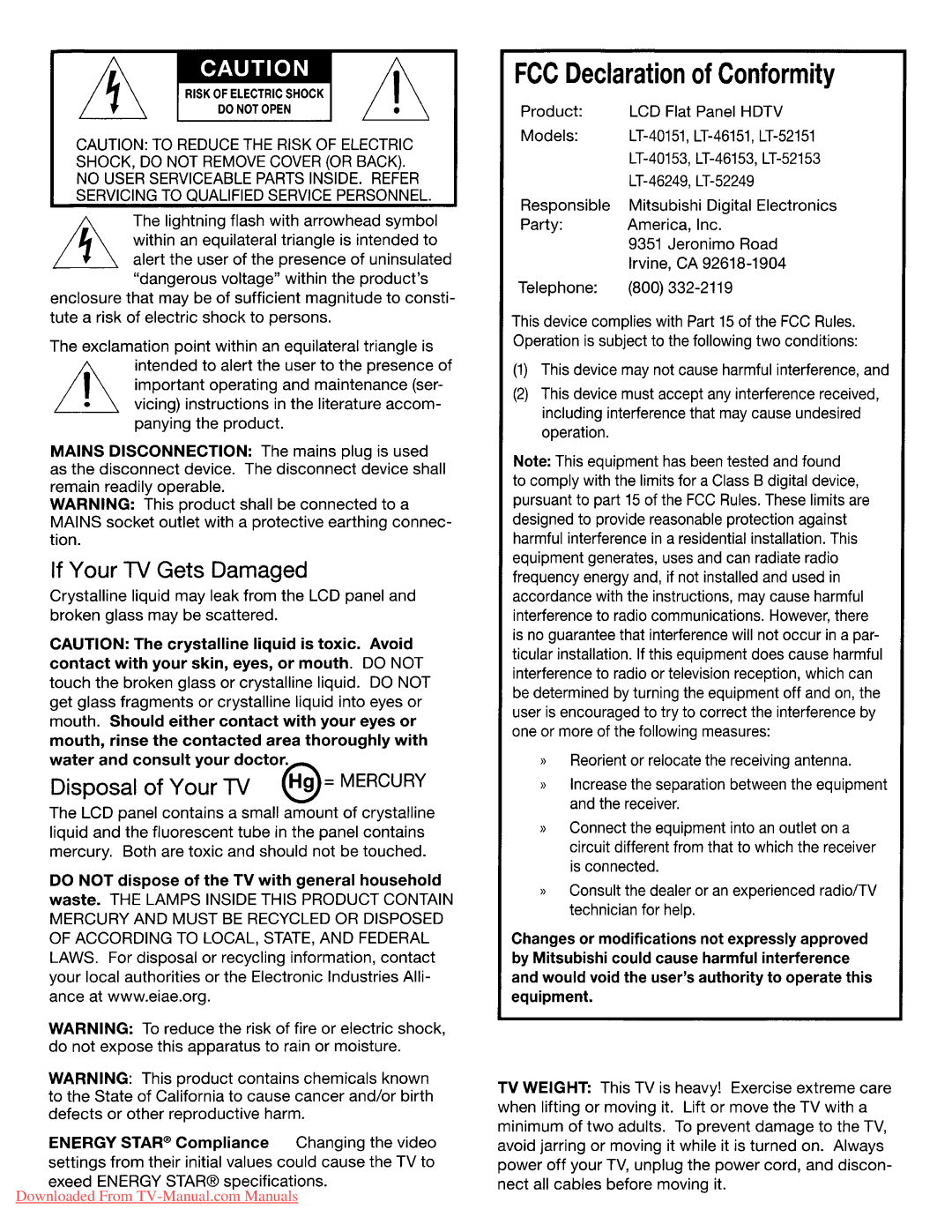 Mitsubishi Electronics 151, 249, 153 manual If Your TV Gets Damaged, Disposal of Your TV ~= Mercury 