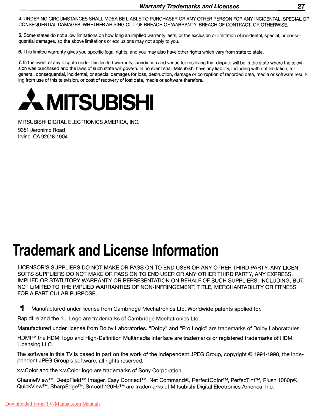 Mitsubishi Electronics 249, 153, 151 manual Warranty Trademarks and Licenses, Mitsubishi Digital Electronics AMERICA, INC 