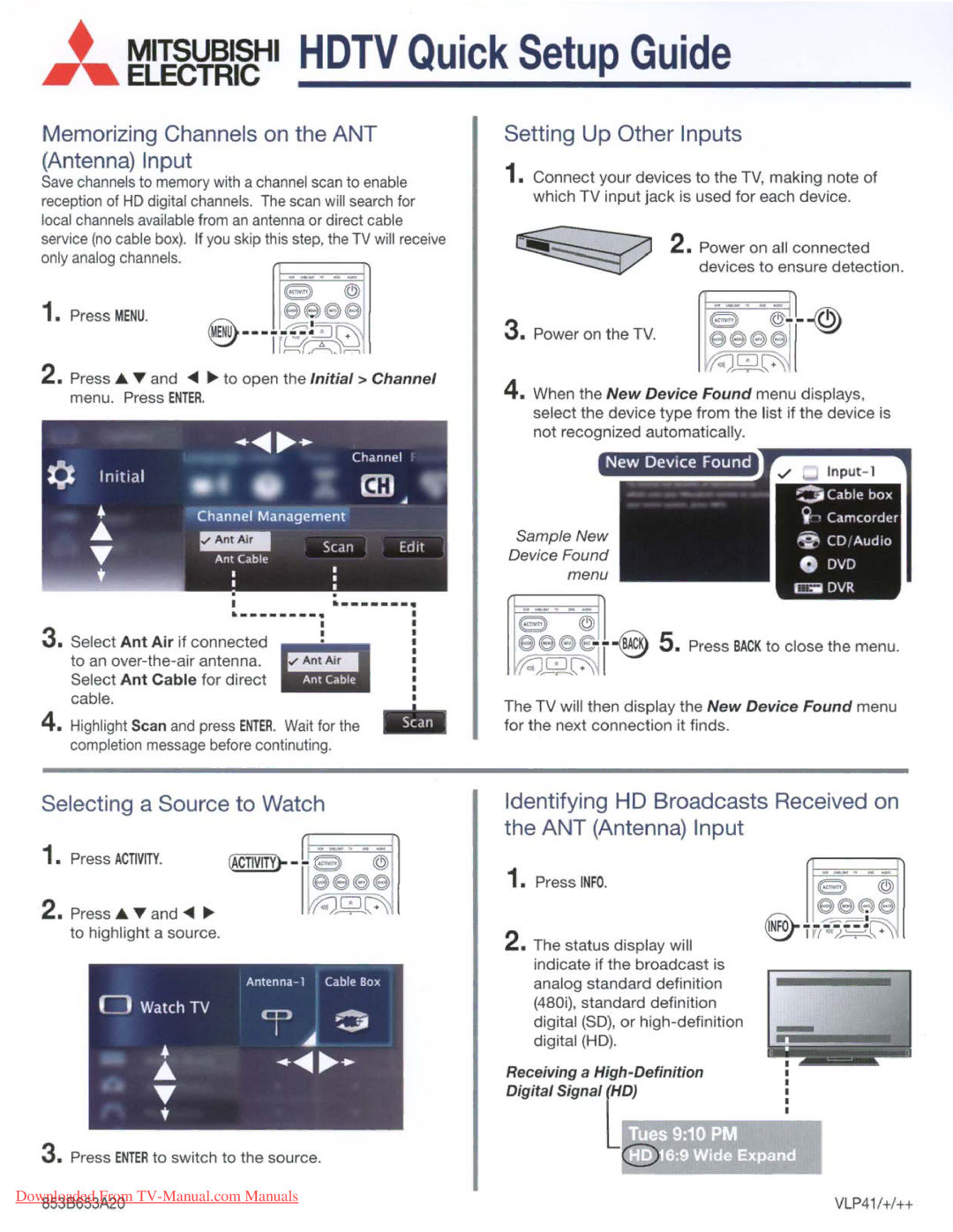 Mitsubishi Electronics 153, 249 Memorizing Channels on the ANT Antenna Input, Setting Up Other Inputs, E6E16, Tues 910 PM 