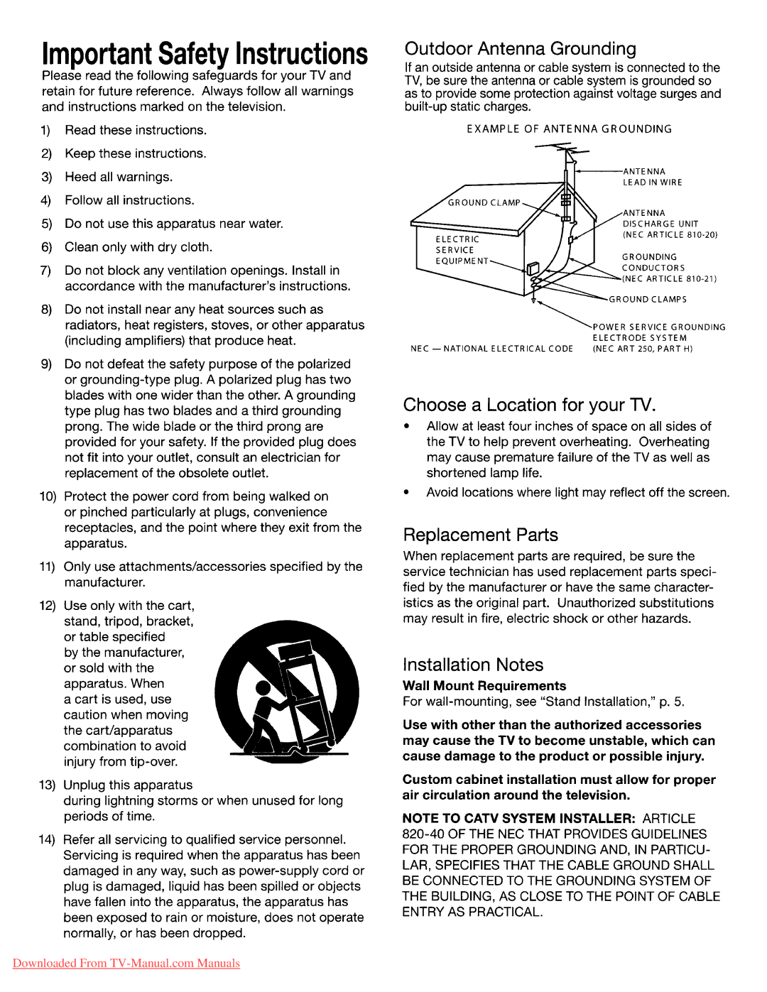 Mitsubishi Electronics 153 Outdoor Antenna Grounding, Choose a Location for your TV, Replacement Parts, Installation Notes 