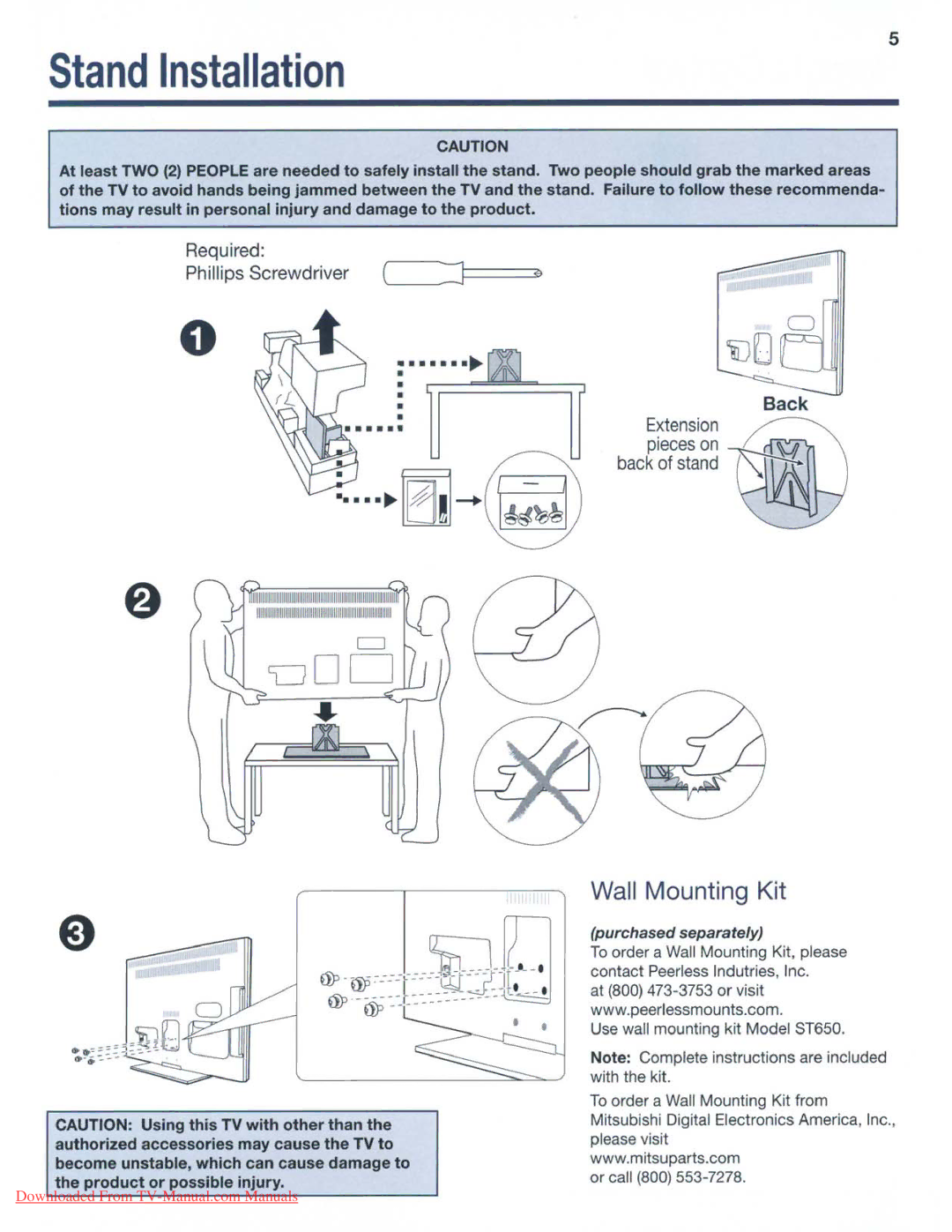 Mitsubishi Electronics 151, 249, 153 manual Stand Installation, Back Extension Pieces on §JJ back of stand 1\tt1t 