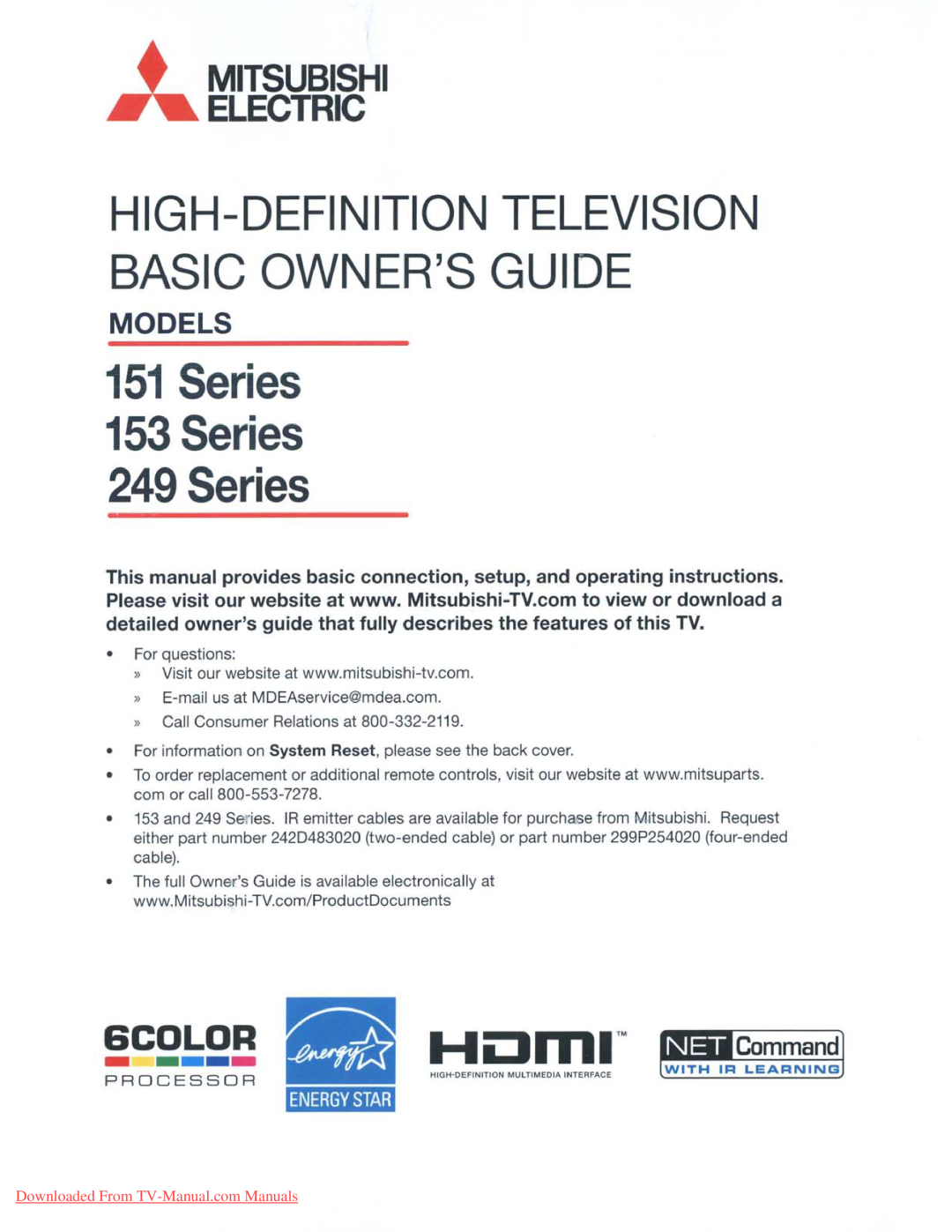 Mitsubishi Electronics 151 manual Series 153 Series 249 Series, High-Definition Television Basic Ownersguide, Models 