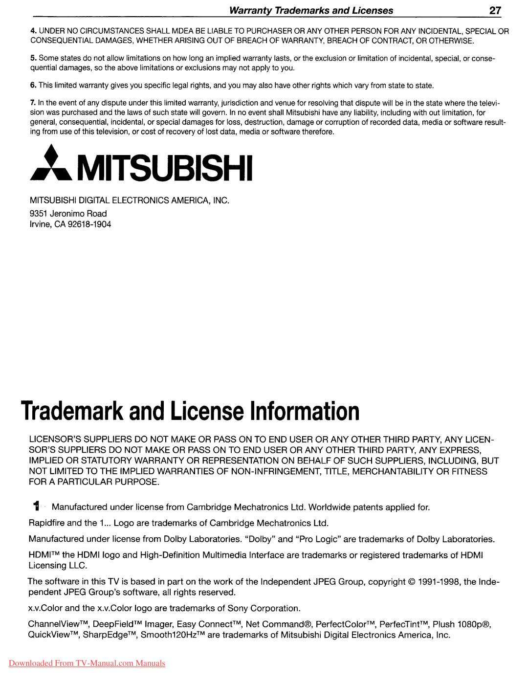 Mitsubishi Electronics 249, 153, 151 Trademark and License Information, J.. Mitsubishi, Warranty Trademarks and Licenses 