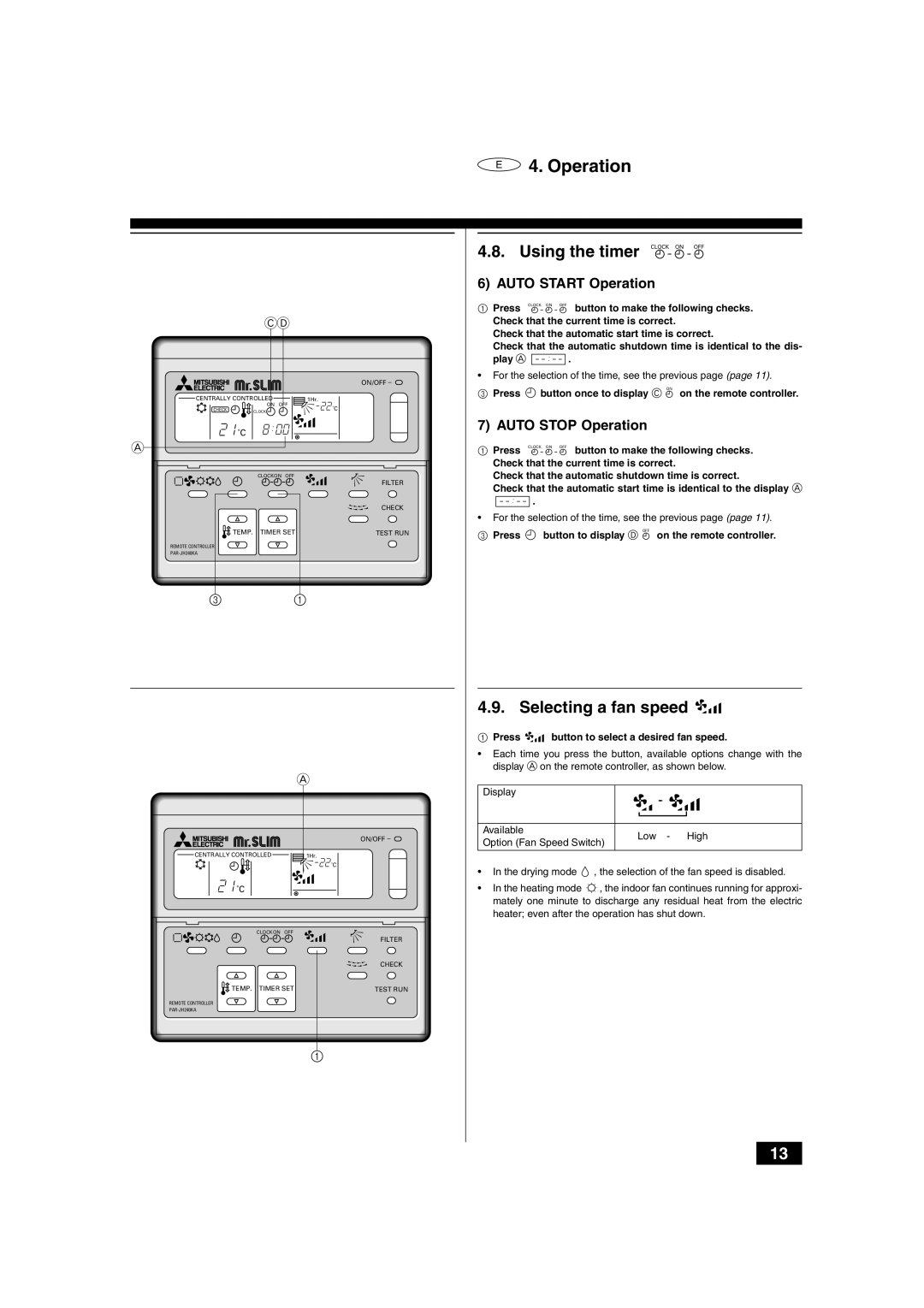 Mitsubishi Electronics PLH-2, 2.5KKC operation manual Selecting a fan speed, Auto Start Operation, Auto Stop Operation 