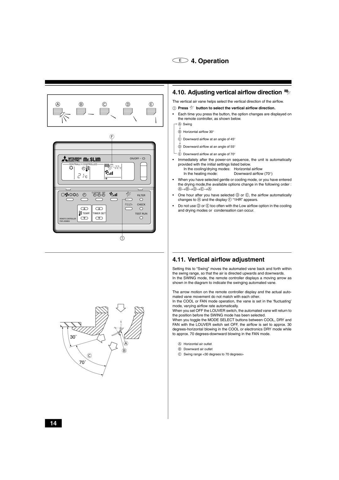 Mitsubishi Electronics 2.5KKC, PLH-2 operation manual Adjusting vertical airflow direction, Vertical airflow adjustment 