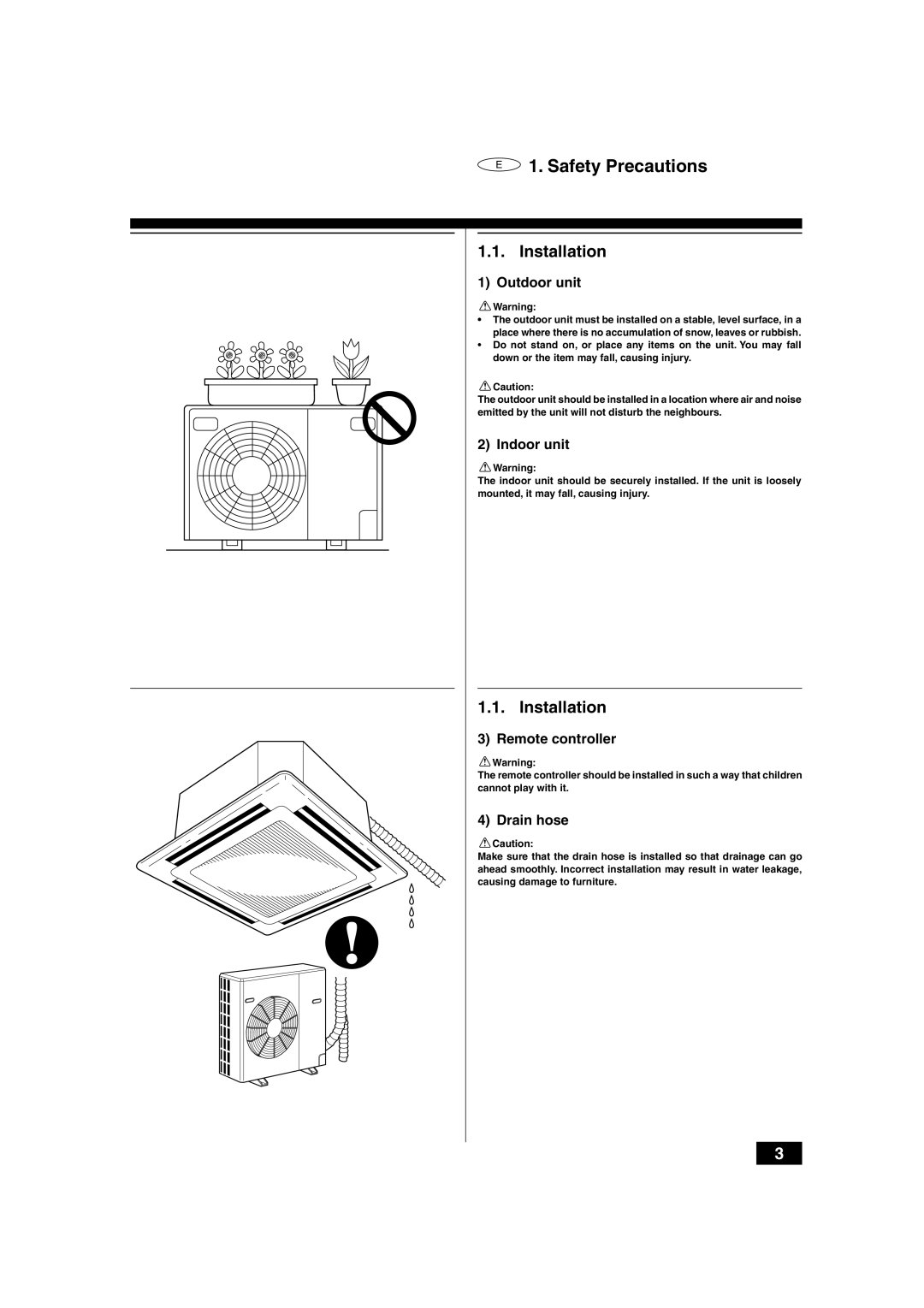 Mitsubishi Electronics PLH-2, 2.5KKC Safety Precautions, Outdoor unit, Indoor unit, Remote controller, Drain hose 