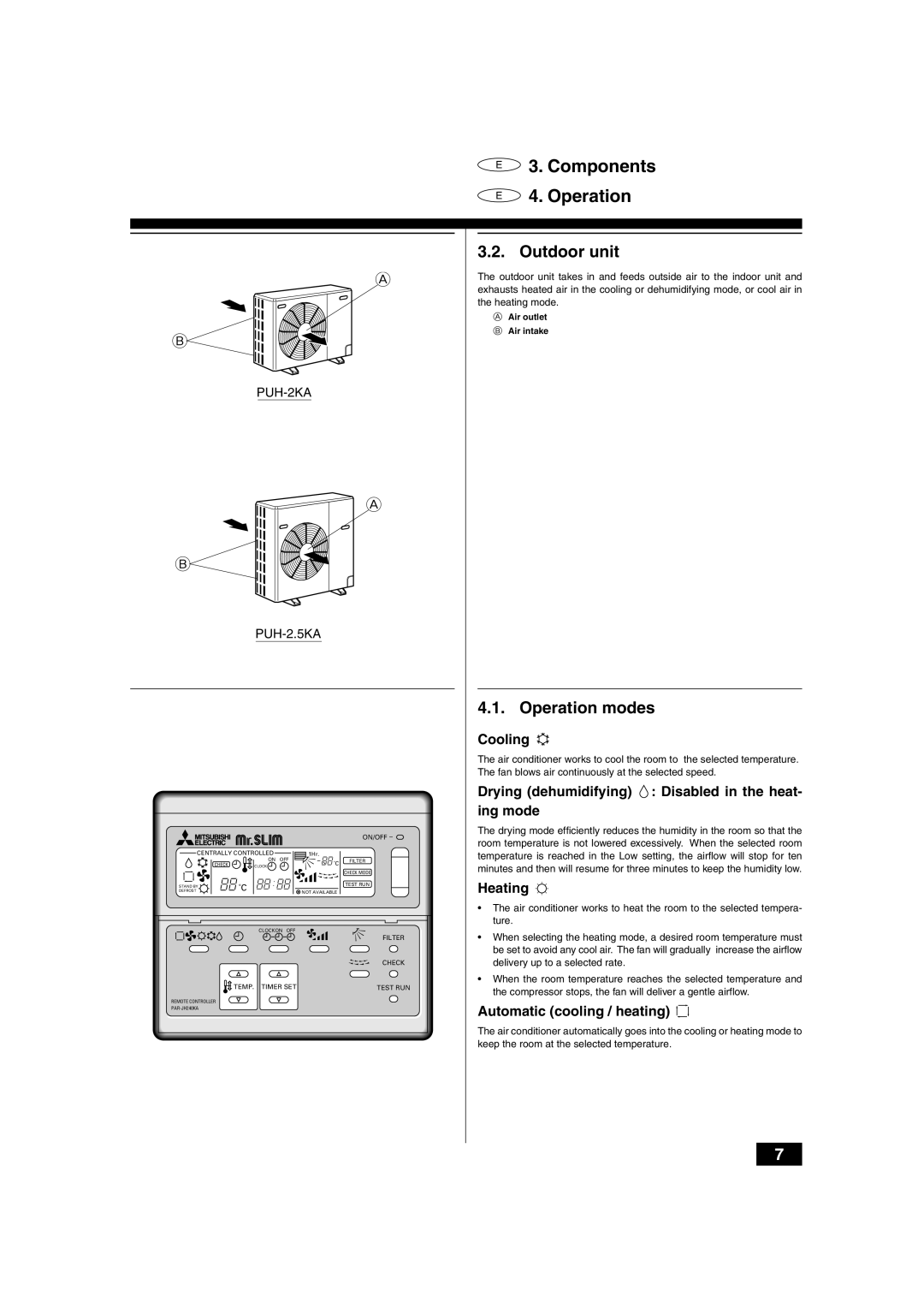 Mitsubishi Electronics PLH-2, 2.5KKC operation manual Components Operation, Outdoor unit, Operation modes 