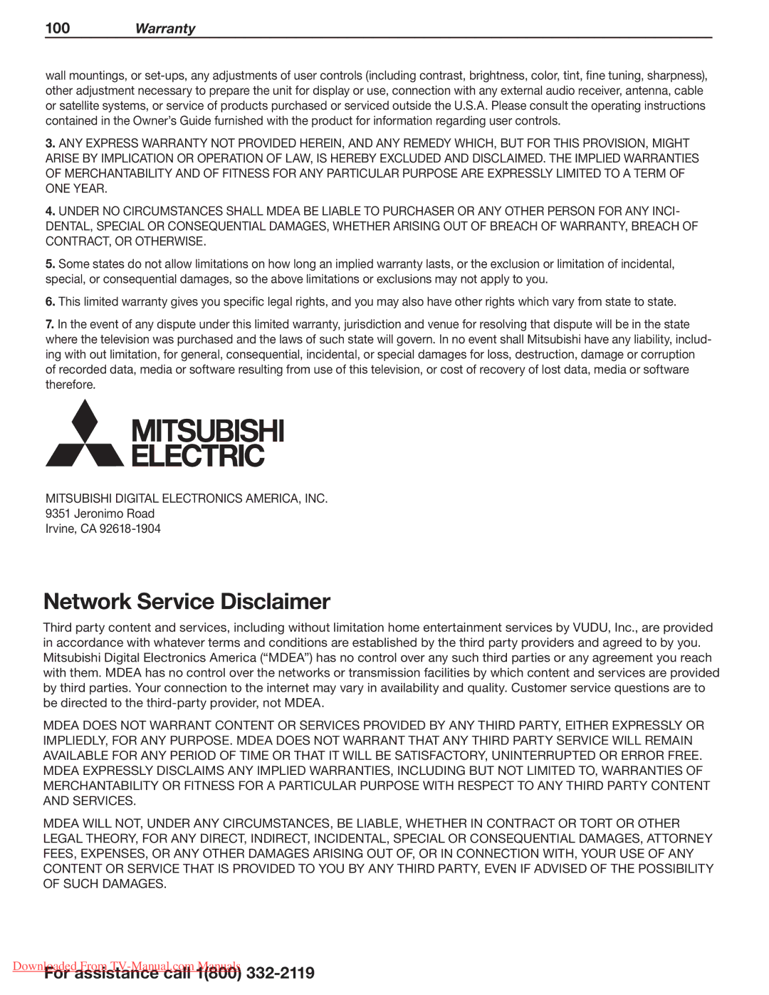 Mitsubishi Electronics 164, 265, 154 manual Network Service Disclaimer, Warranty 