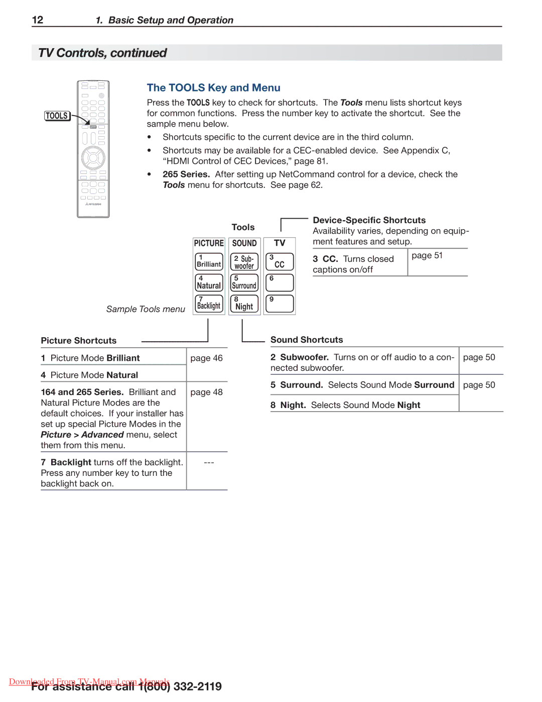 Mitsubishi Electronics 265, 164, 154 manual Tools Key and Menu, Picture Sound, Picture Advanced menu, select 