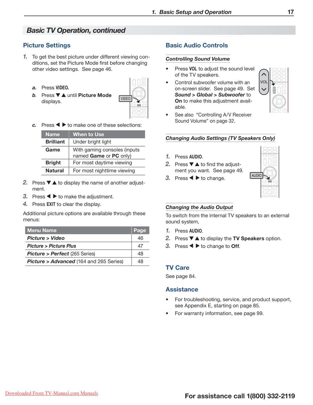 Mitsubishi Electronics 154, 265, 164 manual Picture Settings, Basic Audio Controls, TV Care, Assistance 