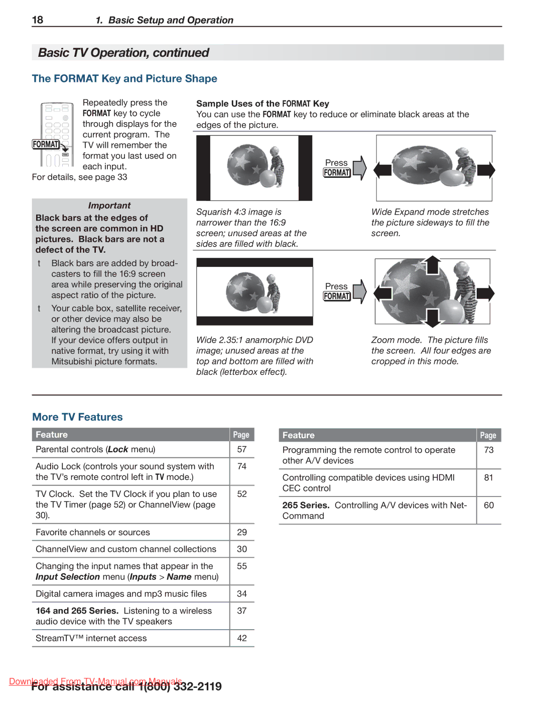 Mitsubishi Electronics 265, 164, 154 Format Key and Picture Shape, More TV Features, Input Selection menu Inputs Name menu 