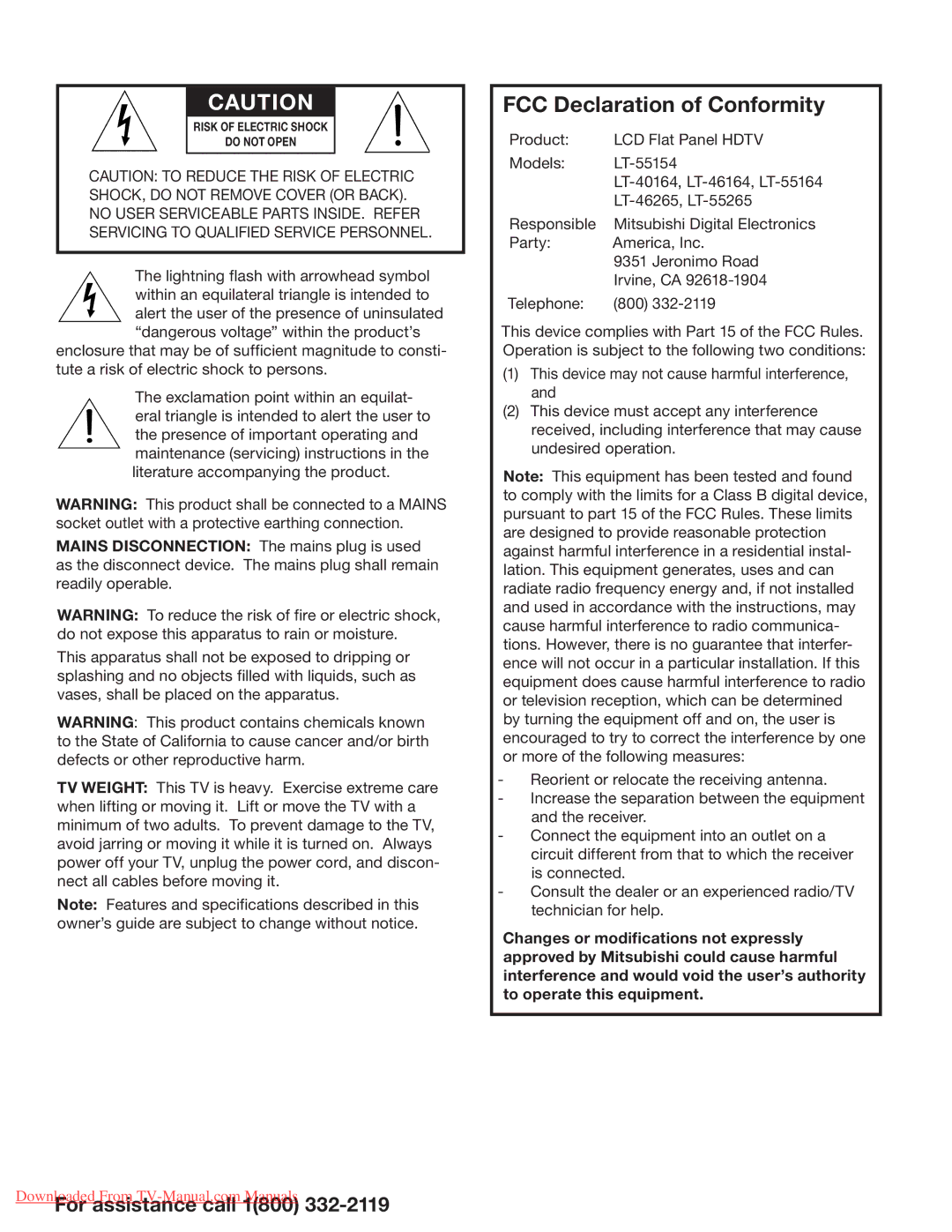 Mitsubishi Electronics 154, 265, 164 manual FCC Declaration of Conformity 