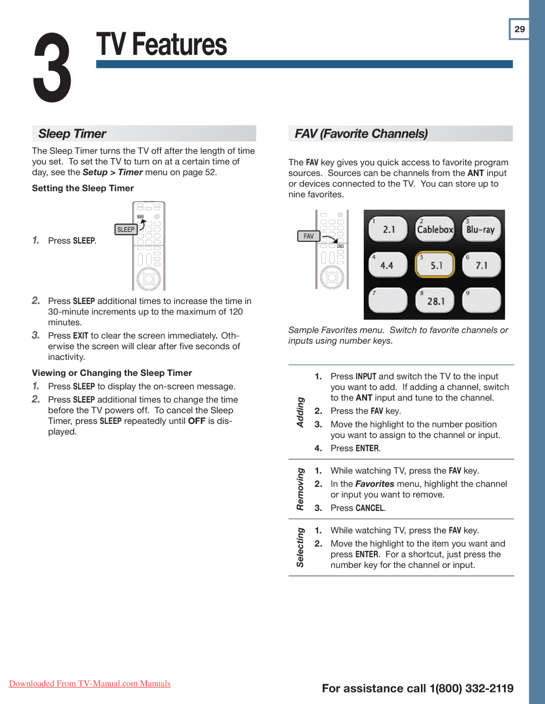 Mitsubishi Electronics 154, 265 FAV Favorite Channels, Setting the Sleep Timer, Viewing or Changing the Sleep Timer 