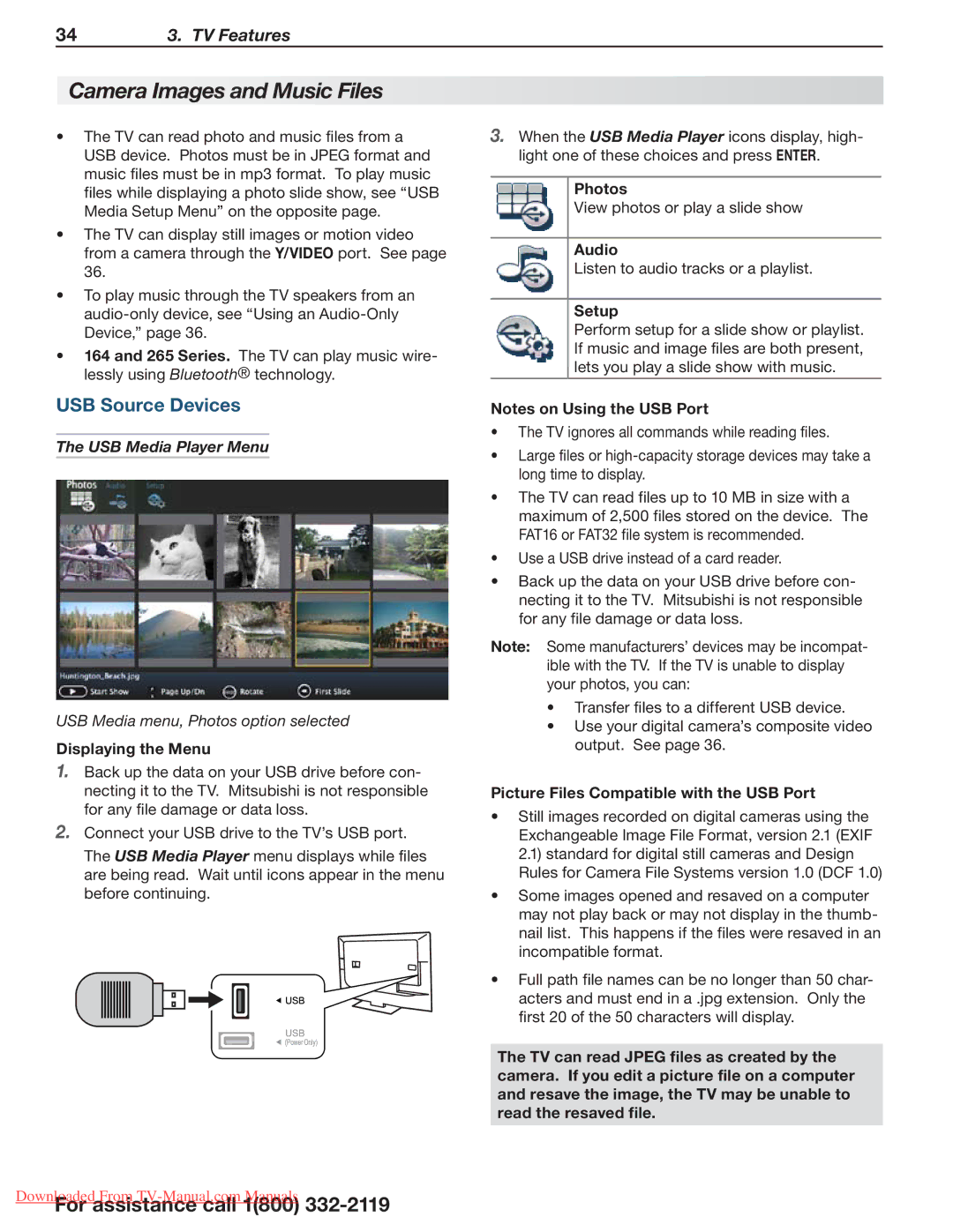 Mitsubishi Electronics 164, 265, 154 manual Camera Images and Music Files, USB Source Devices, USB Media Player Menu 