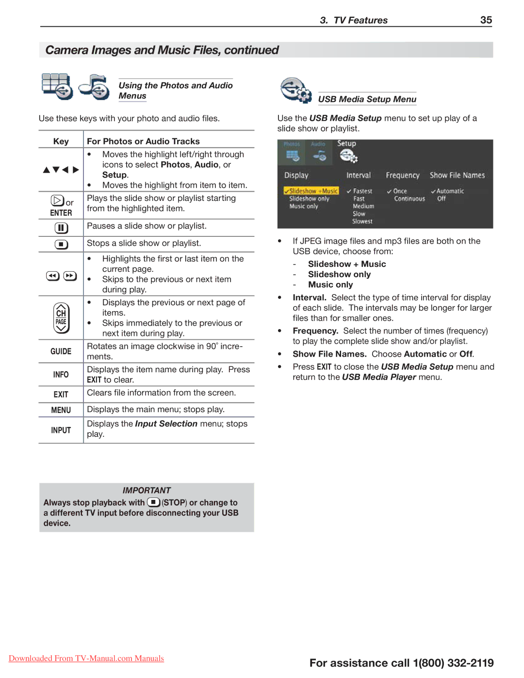 Mitsubishi Electronics 154, 265, 164 Using the Photos and Audio Menus, Key For Photos or Audio Tracks, USB Media Setup Menu 