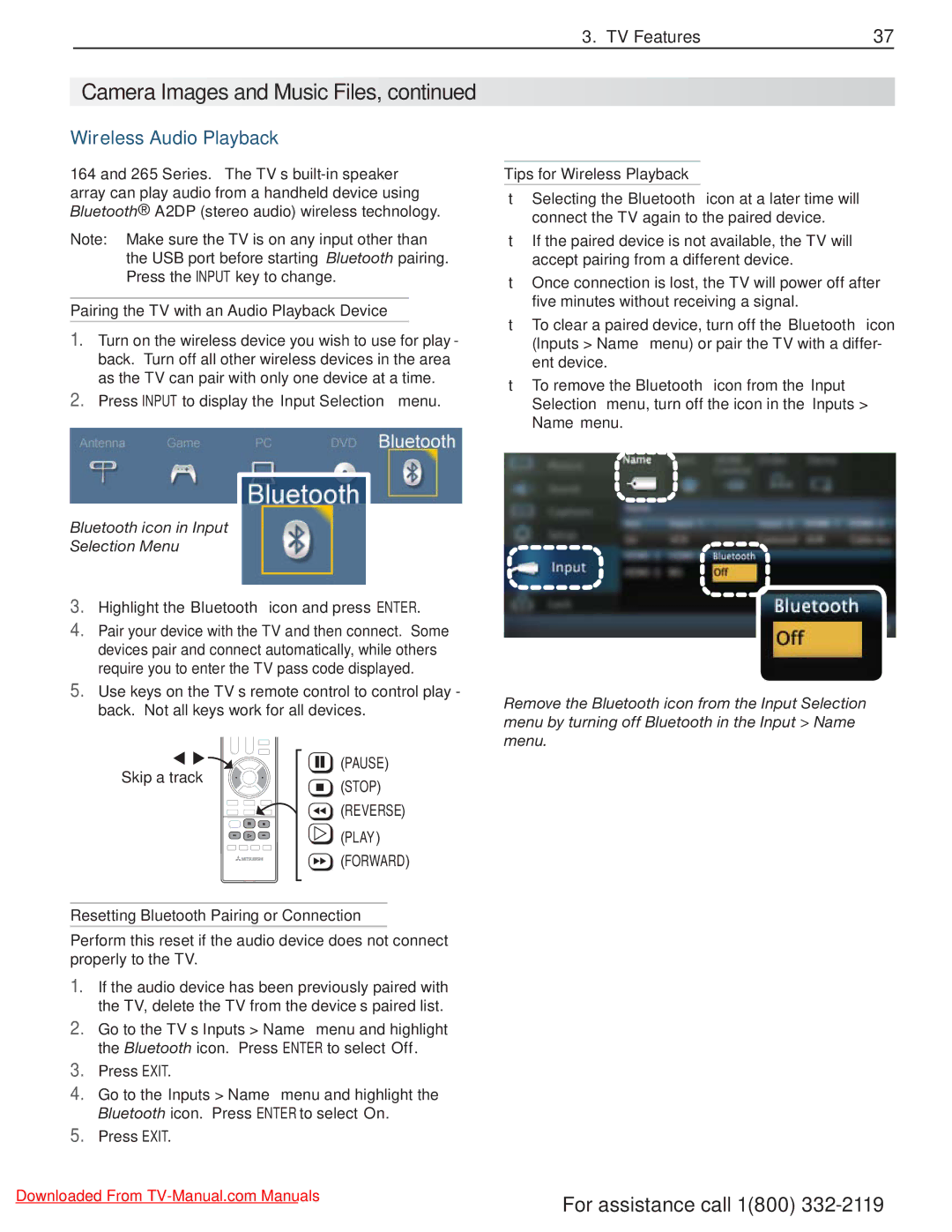 Mitsubishi Electronics 164, 265, 154 manual Wireless Audio Playback, Pairing the TV with an Audio Playback Device 