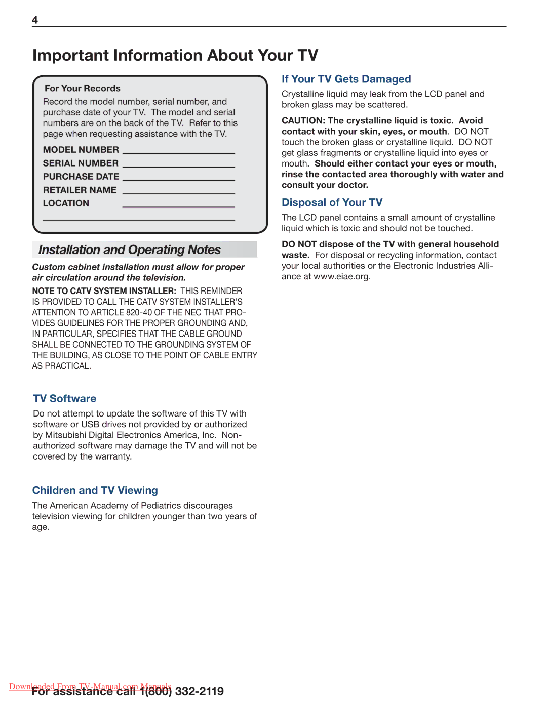 Mitsubishi Electronics 164, 265, 154 manual Important Information About Your TV, Installation and Operating Notes 