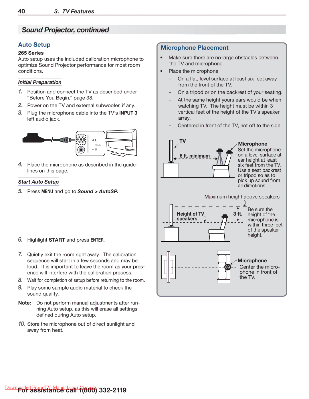 Mitsubishi Electronics 164, 265, 154 Microphone Placement, Initial Preparation, Start Auto Setup, Height of TV speakers 