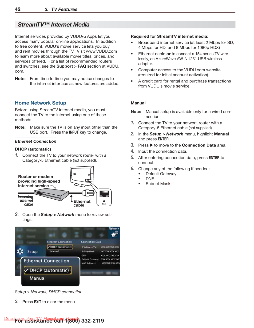 Mitsubishi Electronics 265, 164, 154 manual StreamTV Internet Media, Home Network Setup, Ethernet Connection 