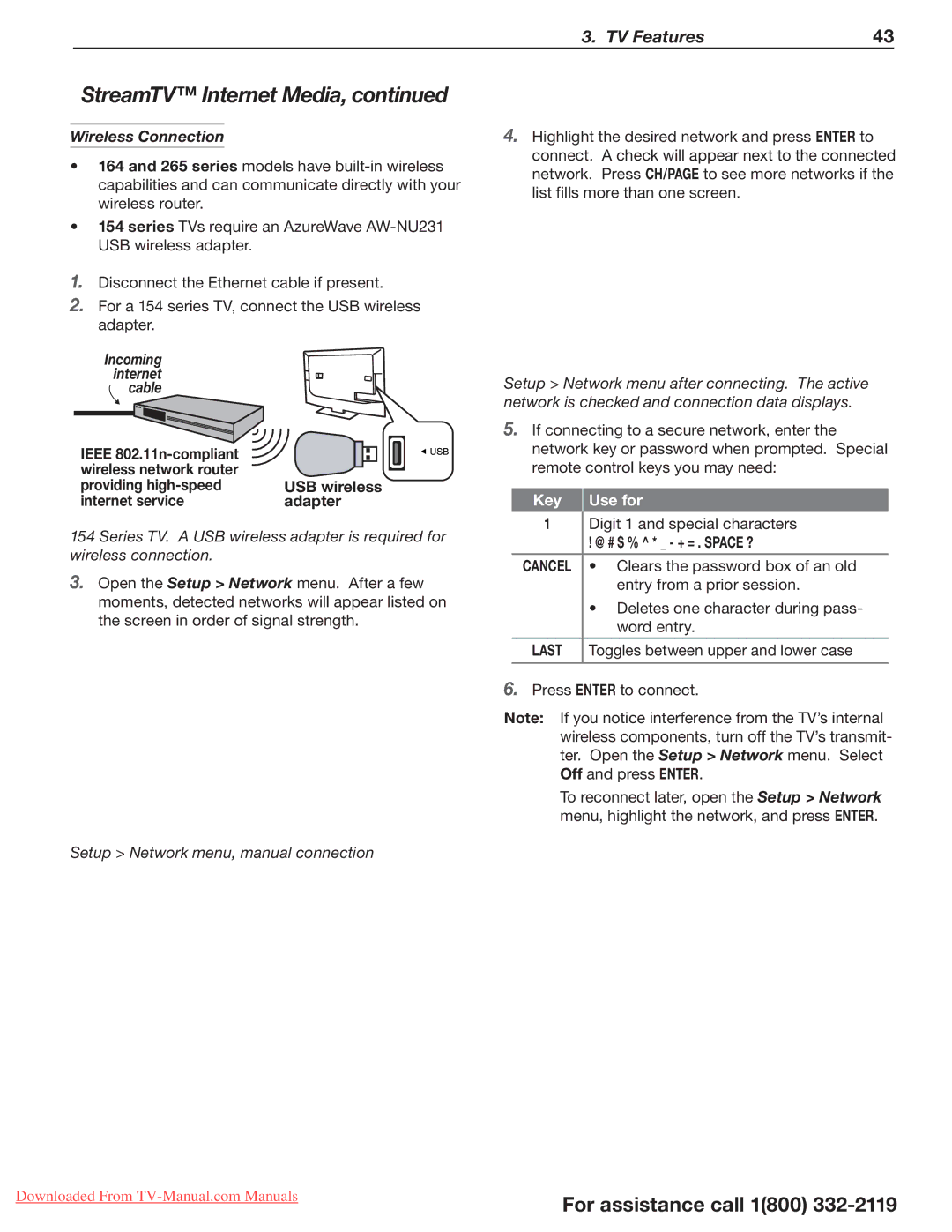 Mitsubishi Electronics 164, 265, 154 manual Wireless Connection, Key Use for, @ # $ % * + = . space ? 