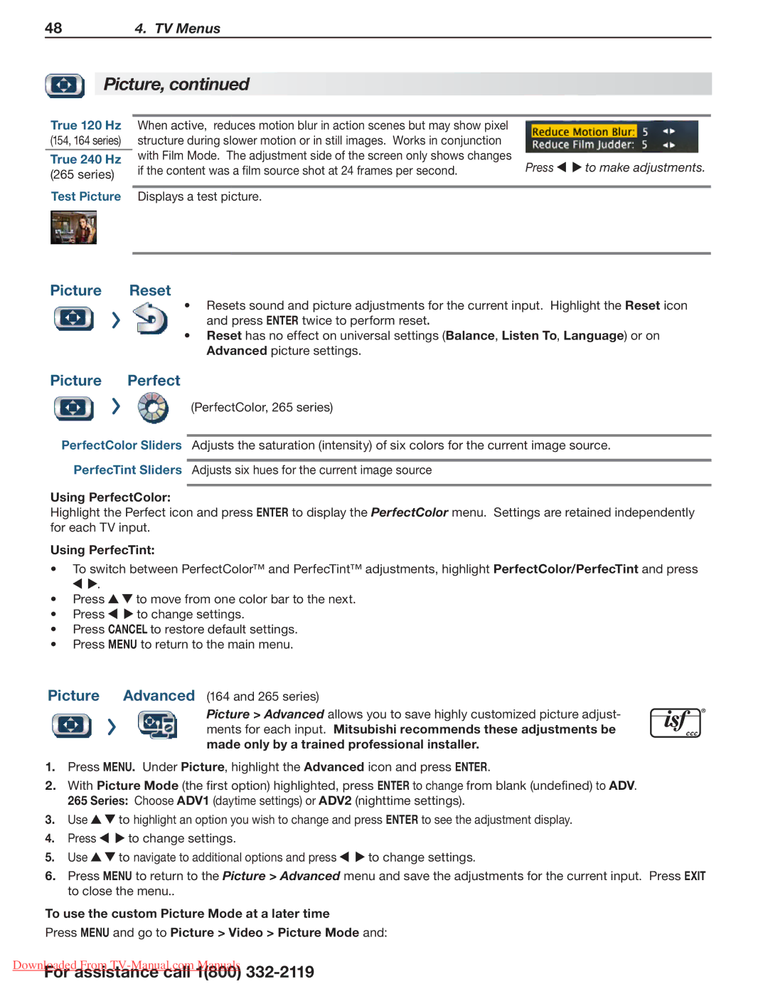 Mitsubishi Electronics 265, 164, 154 manual Picture Reset, Picture Perfect, Using PerfectColor, Using PerfecTint 