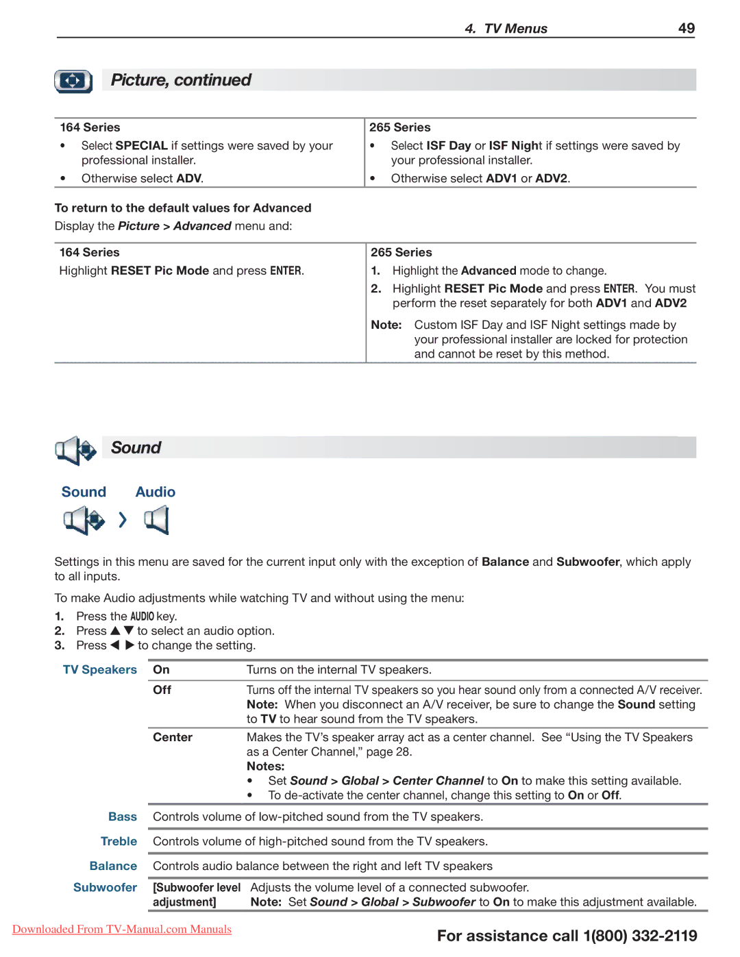 Mitsubishi Electronics 164, 265, 154 manual Sound Audio 