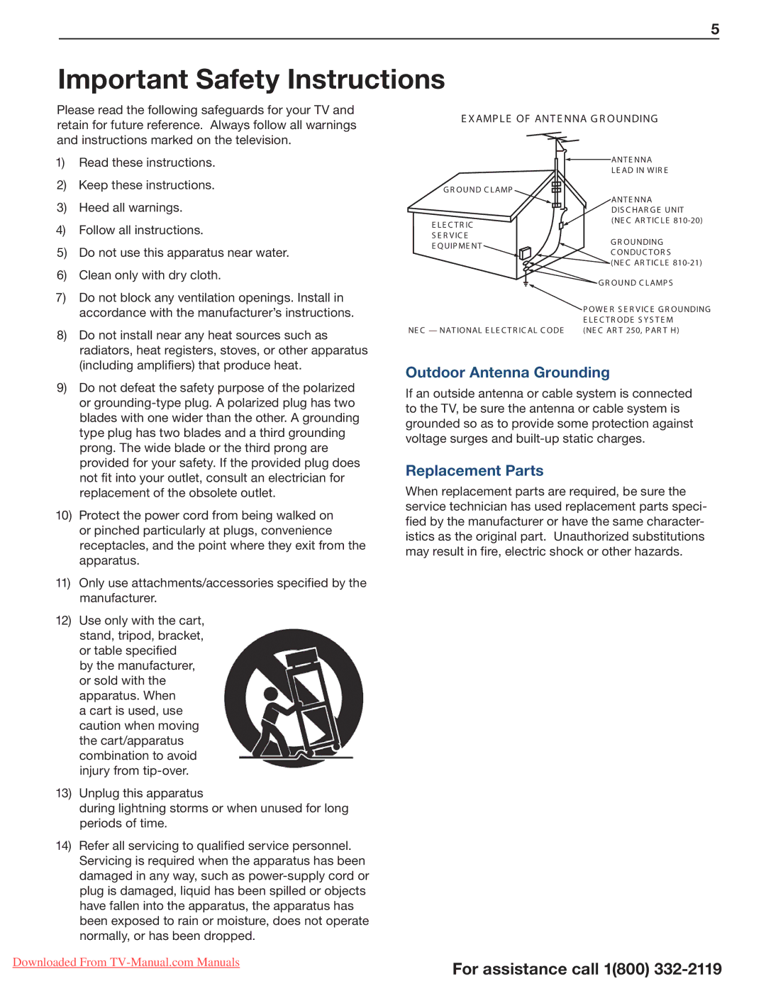 Mitsubishi Electronics 154, 265, 164 manual Outdoor Antenna Grounding, Replacement Parts 