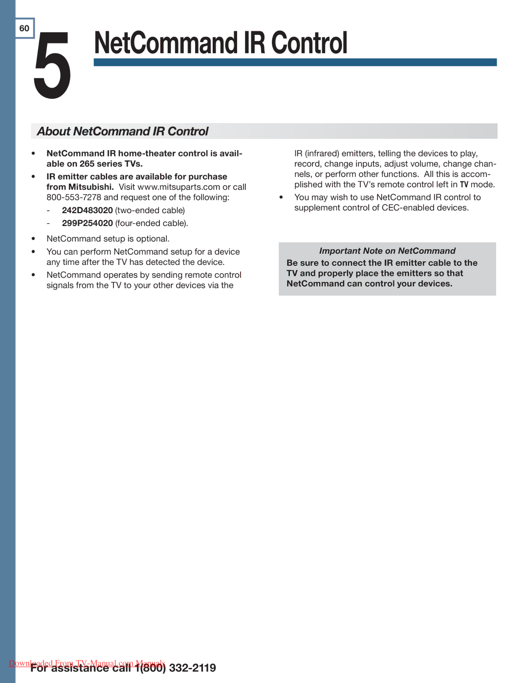 Mitsubishi Electronics 265, 164, 154 manual About NetCommand IR Control, Important Note on NetCommand 