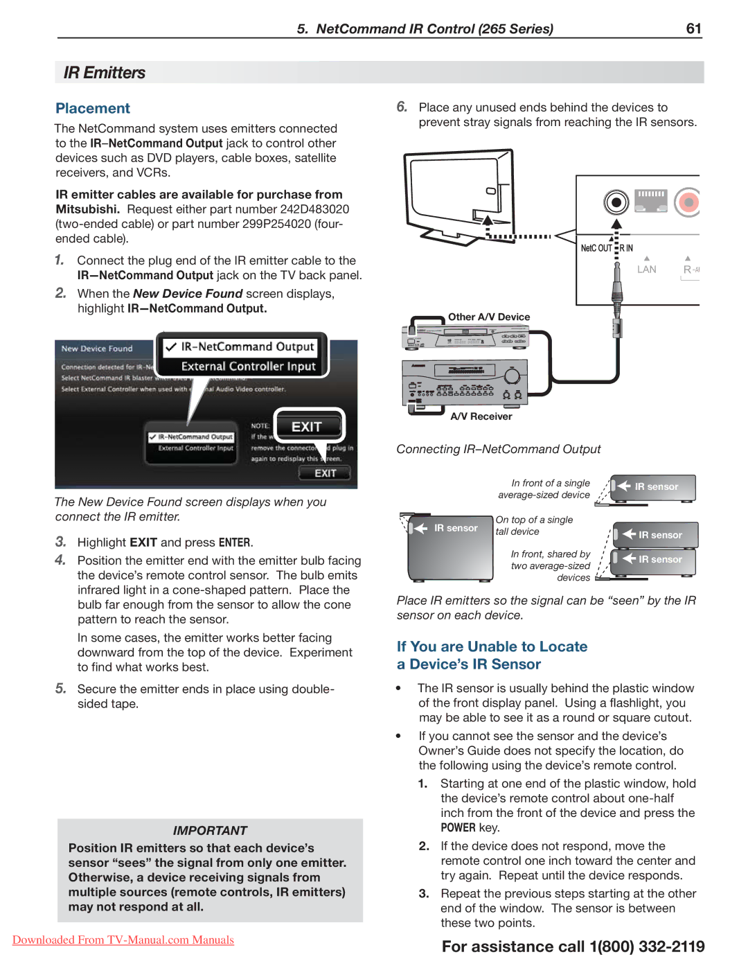 Mitsubishi Electronics 164, 265, 154 manual IR Emitters, Placement, If You are Unable to Locate a Device’s IR Sensor 