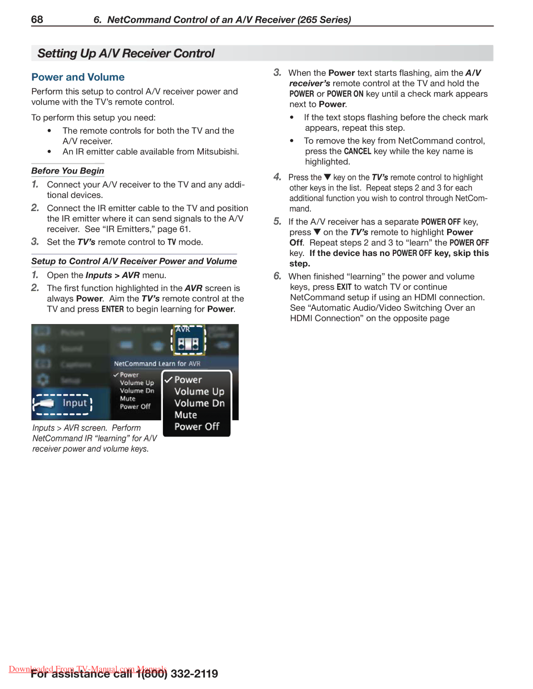 Mitsubishi Electronics 154, 265, 164 manual Setting Up A/V Receiver Control, Power and Volume, Before You Begin 