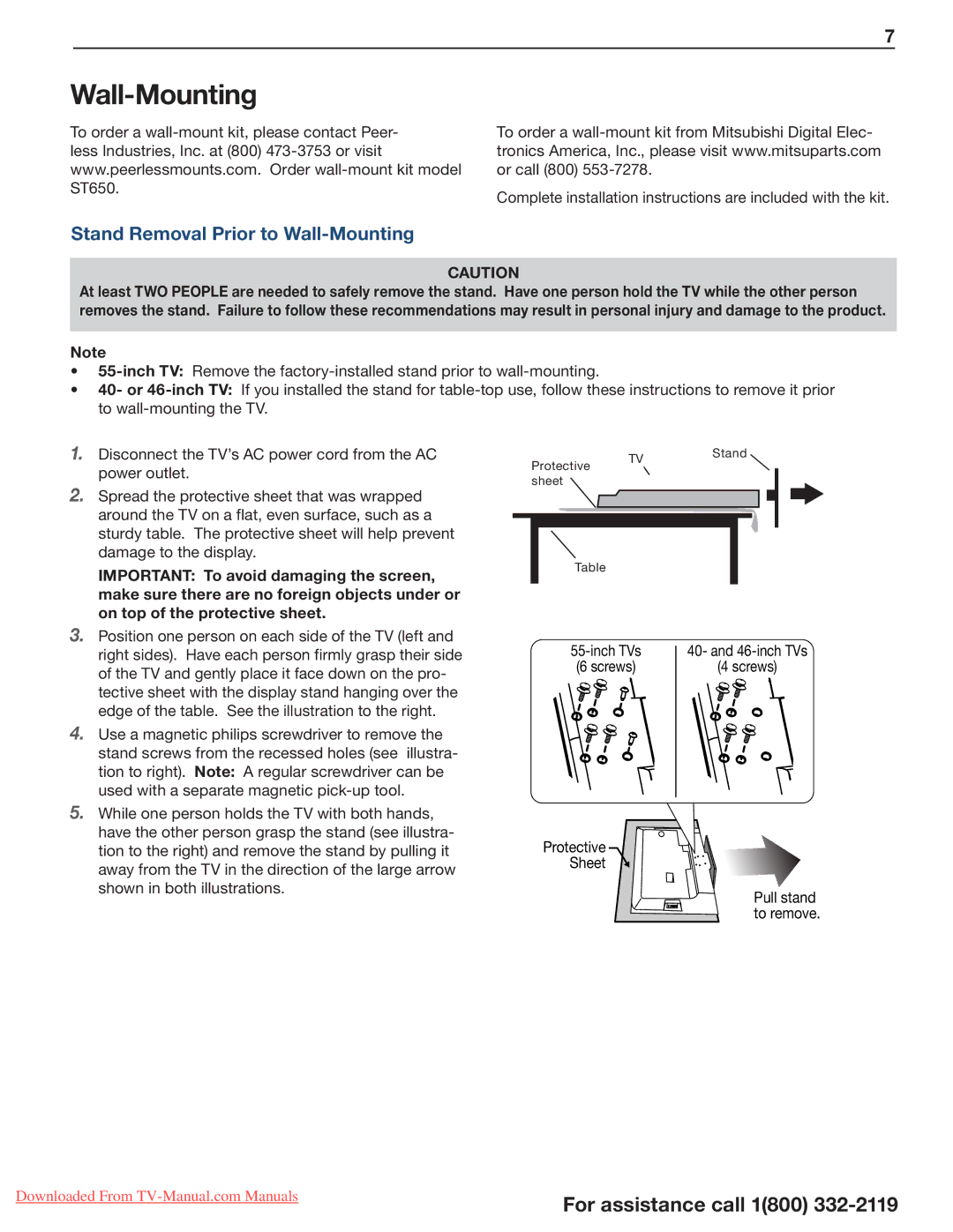 Mitsubishi Electronics 164, 265, 154 manual Stand Removal Prior to Wall-Mounting 