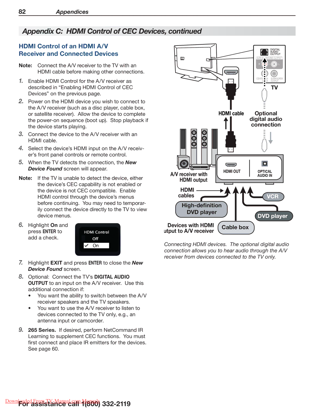 Mitsubishi Electronics 164, 265, 154 manual Hdmi Control of an Hdmi A/V Receiver and Connected Devices, Vcr 