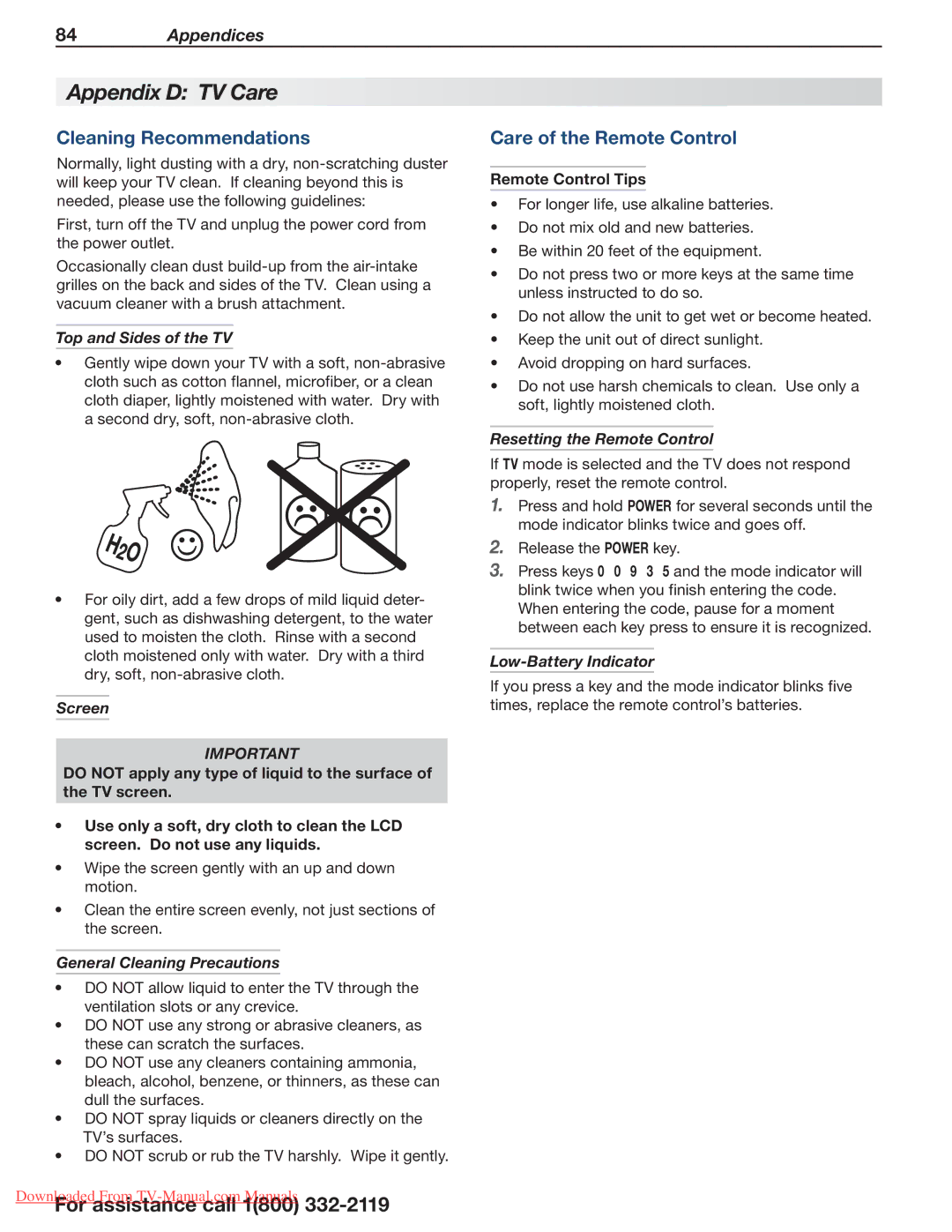 Mitsubishi Electronics 265, 164, 154 manual Appendix D TV Care, Cleaning Recommendations, Care of the Remote Control 