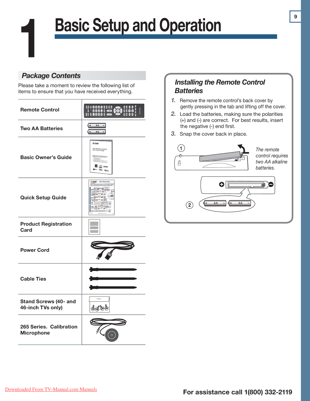 Mitsubishi Electronics 265, 164, 154 manual Package Contents, Installing the Remote Control Batteries 