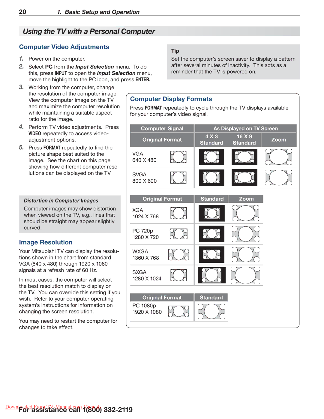 Mitsubishi Electronics 154 Series Using the TV with a Personal Computer, Computer Video Adjustments, Image Resolution 