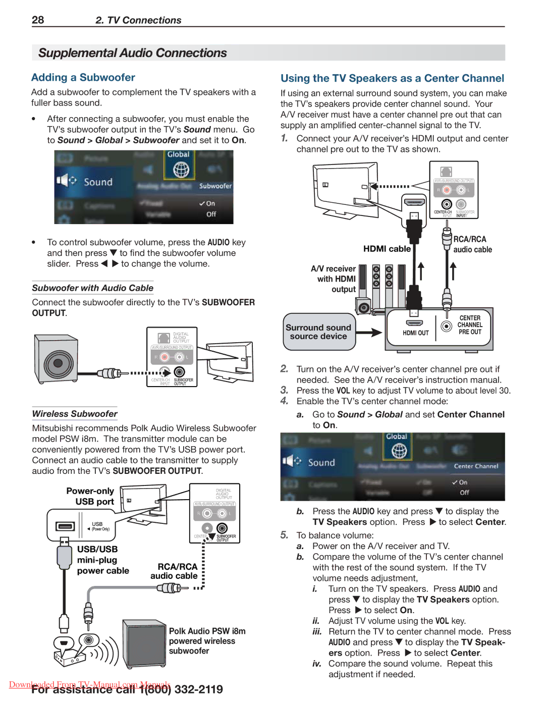 Mitsubishi Electronics 164 Series, 265 Series, 154 Series manual Supplemental Audio Connections, Adding a Subwoofer 