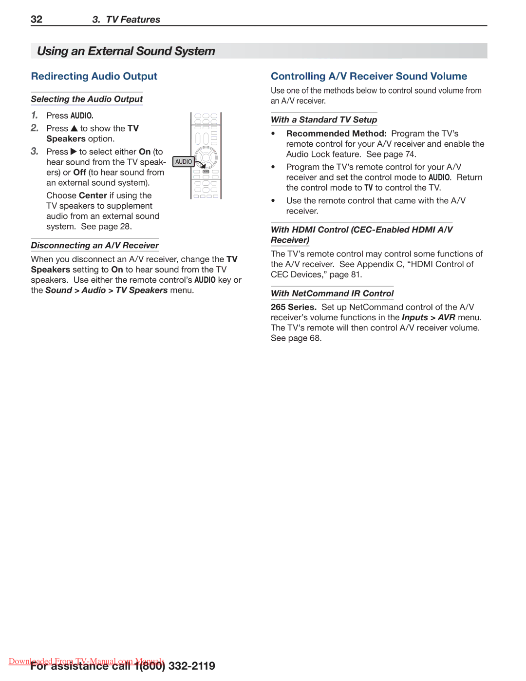 Mitsubishi Electronics 154 Series, 265 Series, 164 Series manual Using an External Sound System, Redirecting Audio Output 