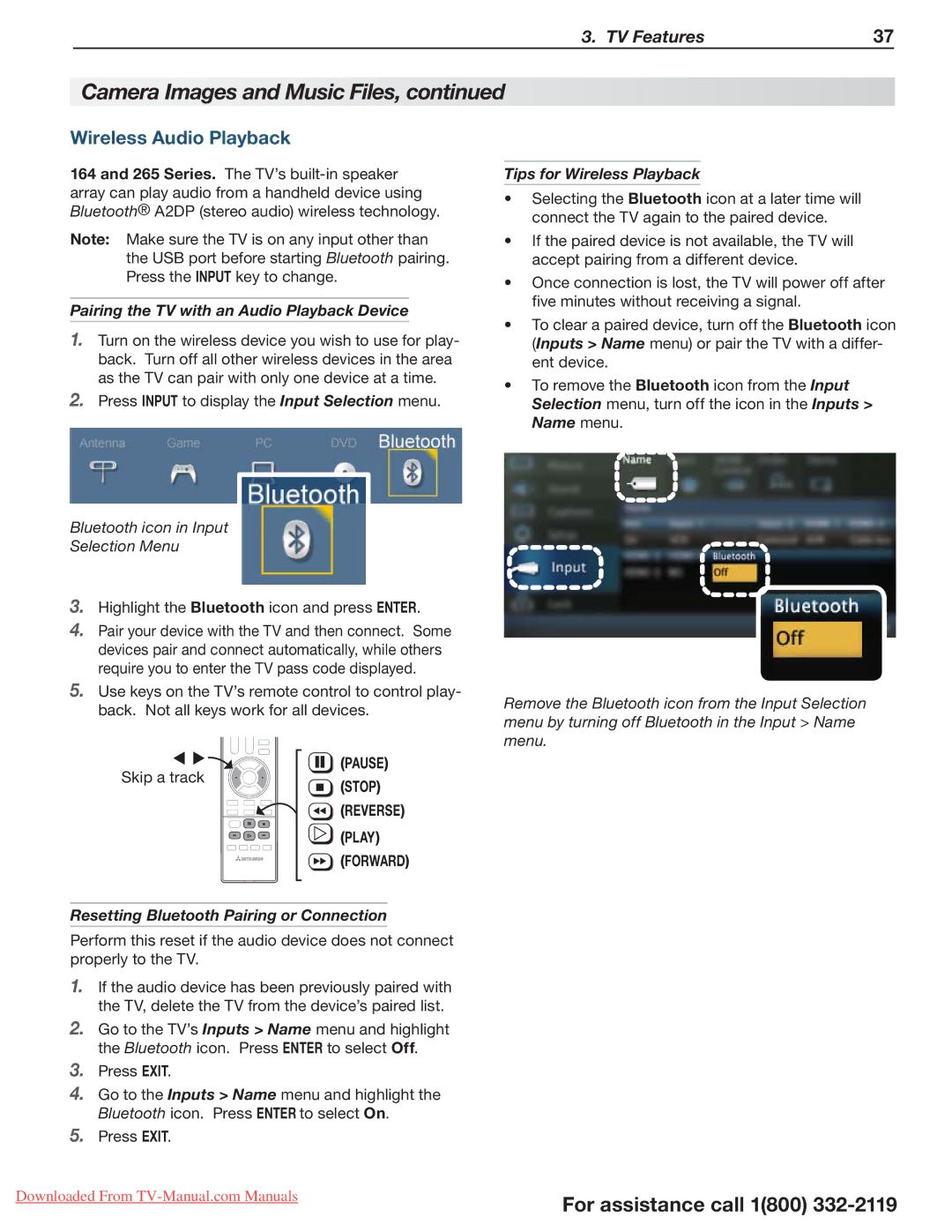 Mitsubishi Electronics 164 Series, 265 Series manual Wireless Audio Playback, Pairing the TV with an Audio Playback Device 