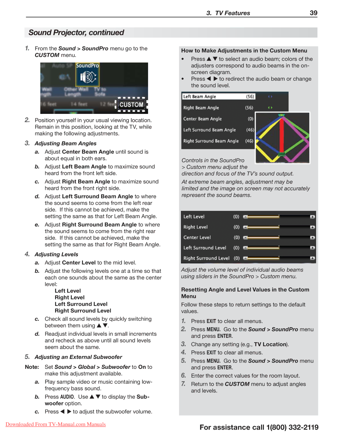 Mitsubishi Electronics 265 Series, 164 Series Adjusting Beam Angles, Adjusting Levels, Adjusting an External Subwoofer 