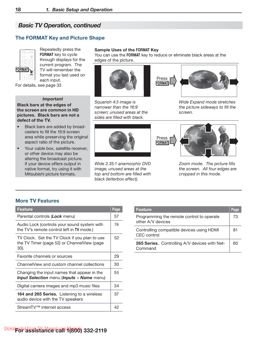 Mitsubishi Electronics 265 Series Format Key and Picture Shape, More TV Features, Input Selection menu Inputs Name menu 